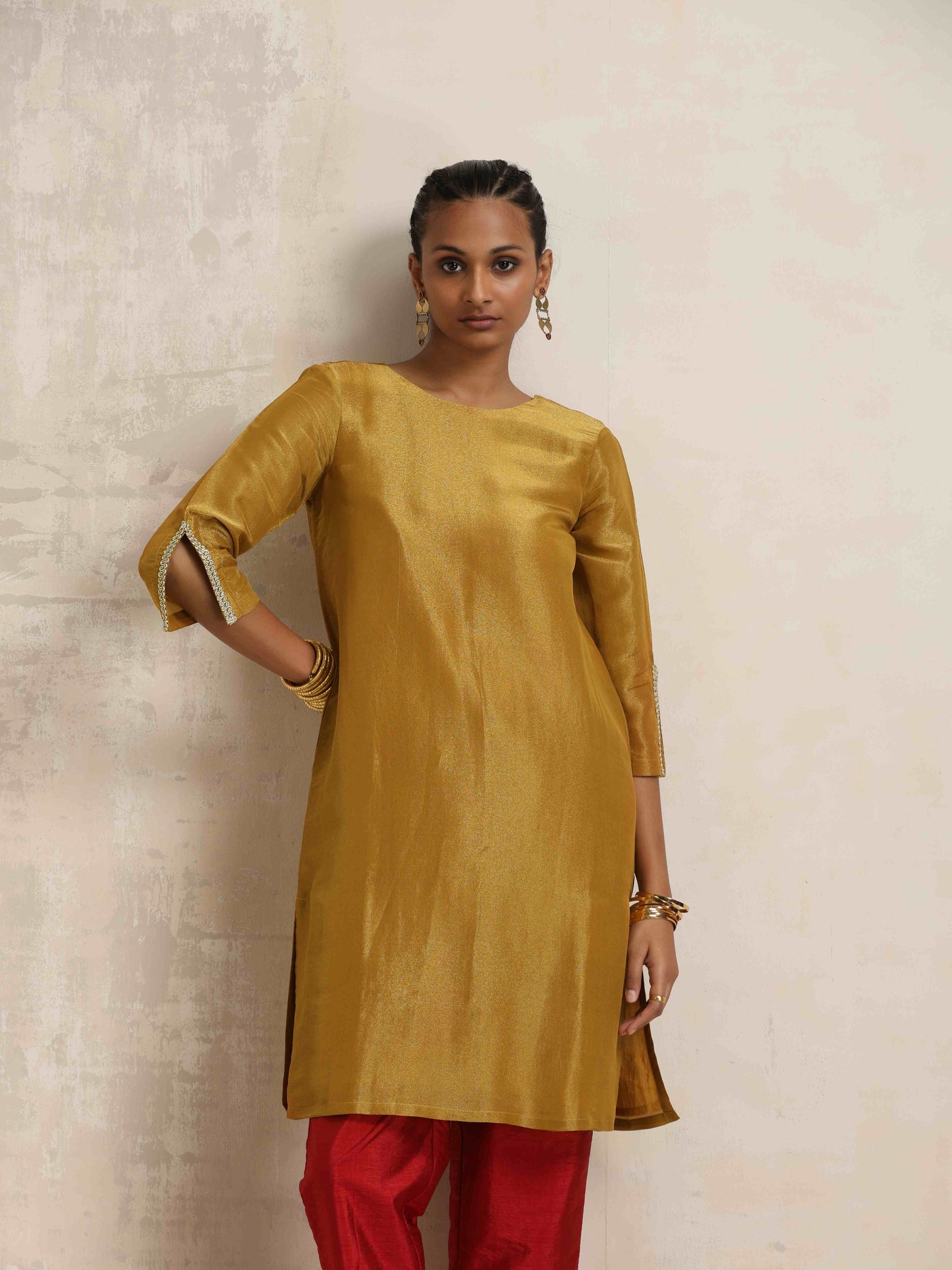trueBrowns Gold Tissue Kurta Co-ord Set - Swadesiicart