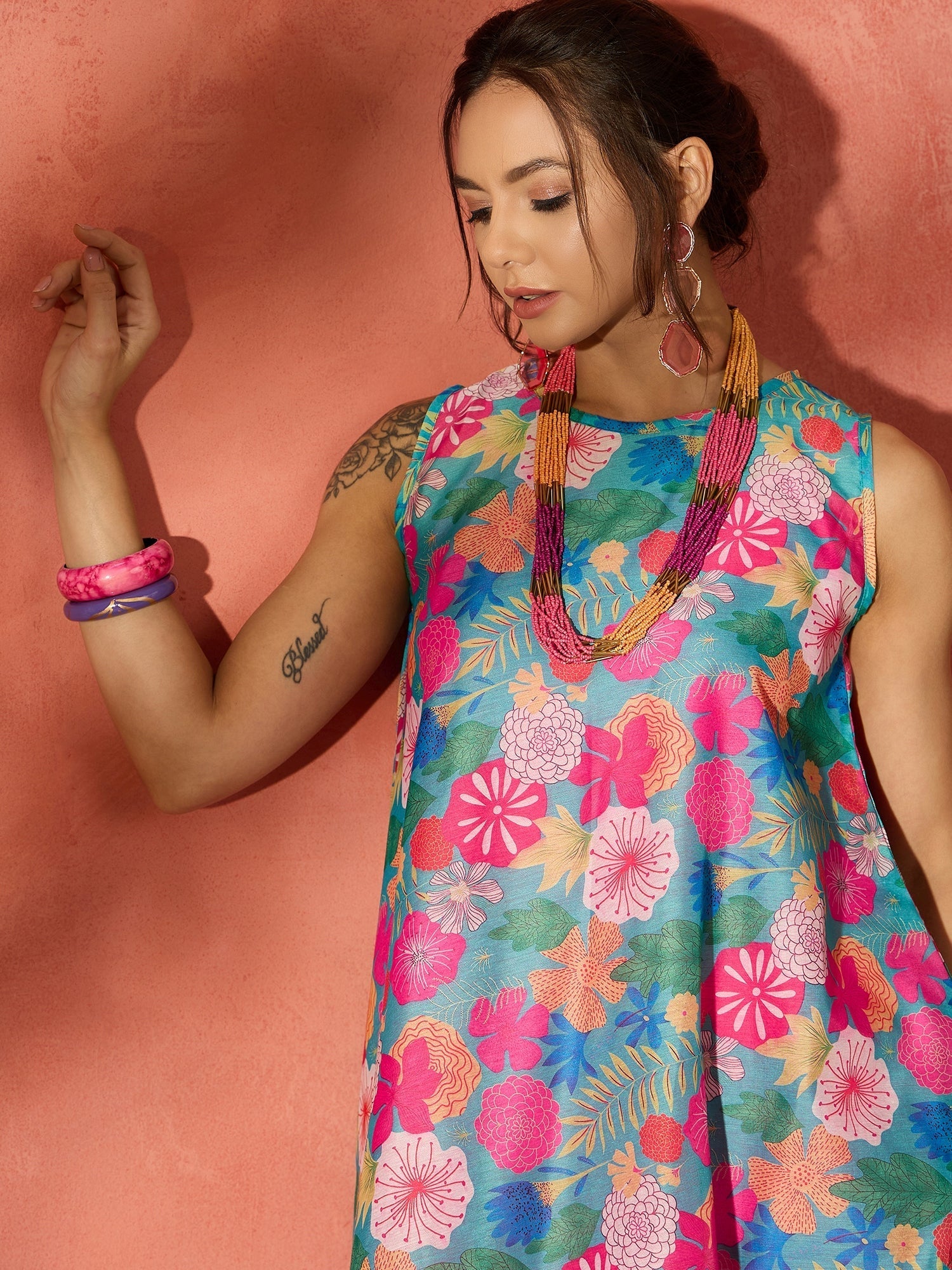InWeave Blue Floral Fuchsia Asymmetrical Dress - Swadesiicart