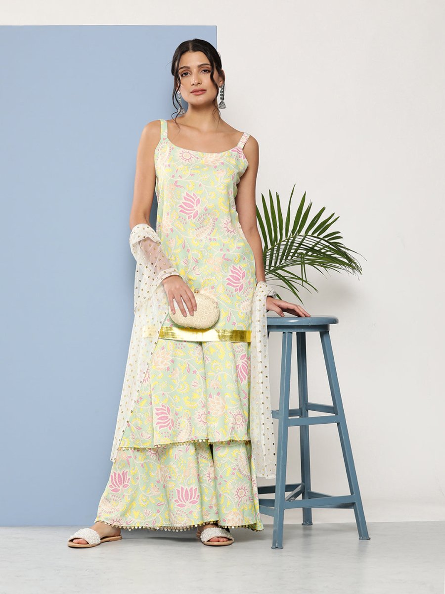 Ahalyaa Women Sea Green Floral Printed Gotta Patti Kurti with Sharara & With Dupatta | Swadesiicart
