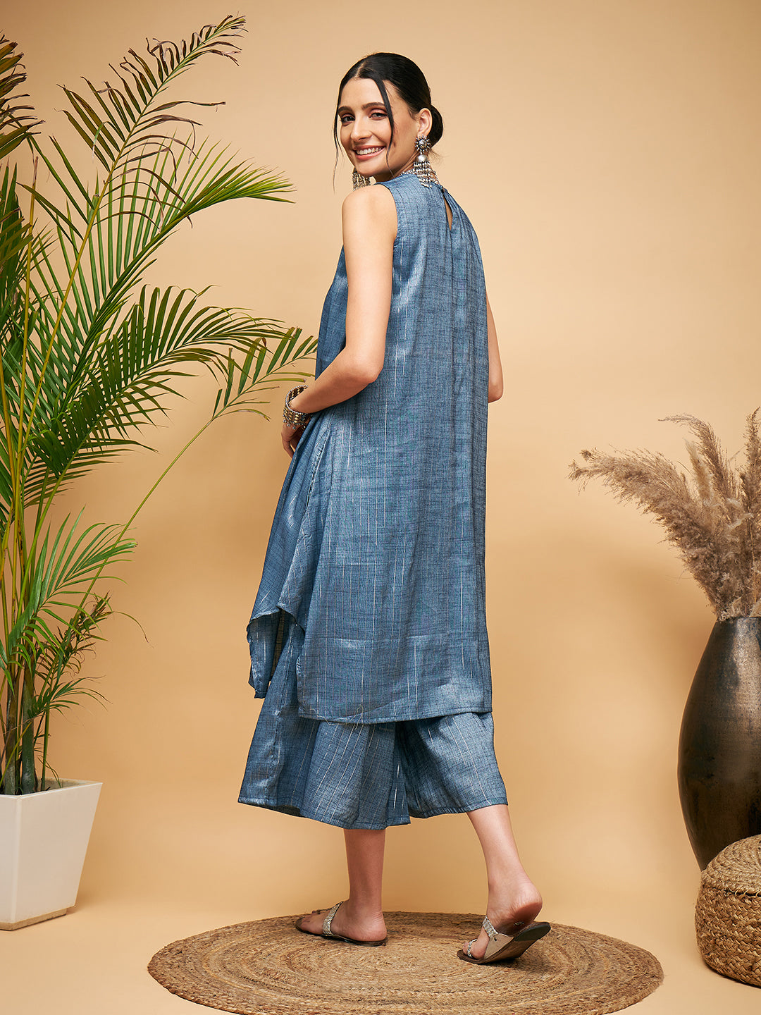 InWeave Women's Blue Lurex Short Pallazo Kurta Set - Swadesiicart
