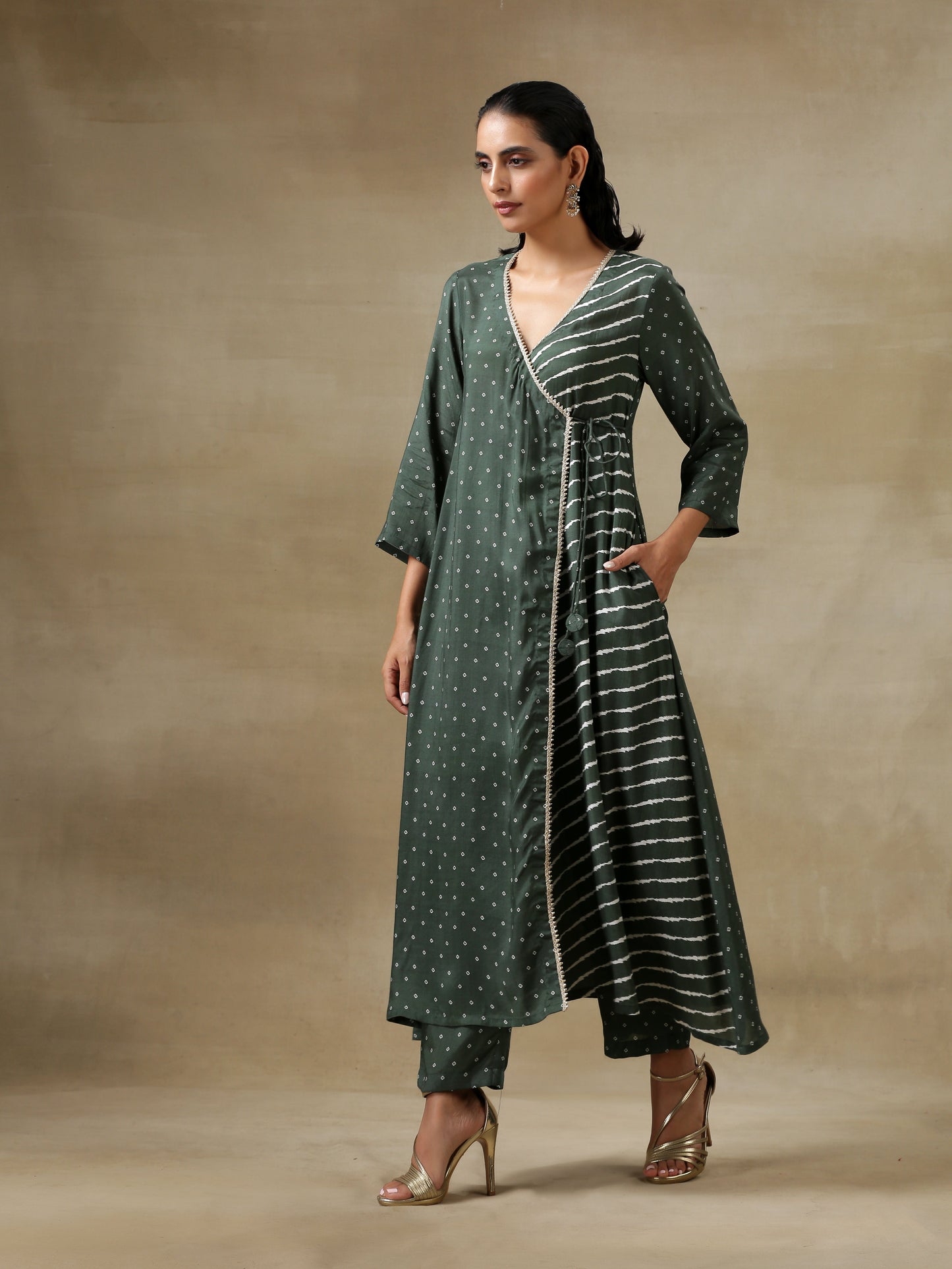 trueBrowns Dark Green Bandhani Printed Silk Angrakha Kurta Pant Set | Swadesiicart