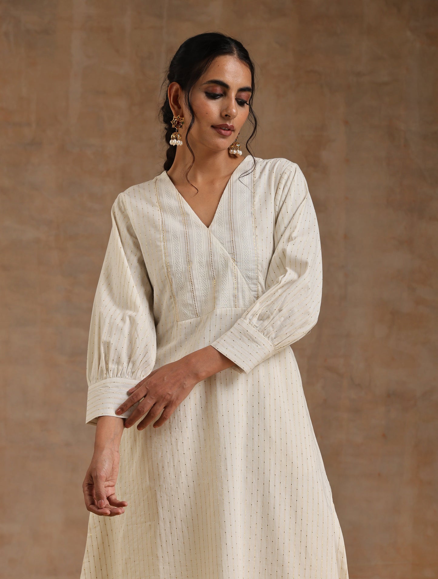 trueBrowns Ivory Gold Cotton Overlap Yoke Kurta Set | Swadesiicart