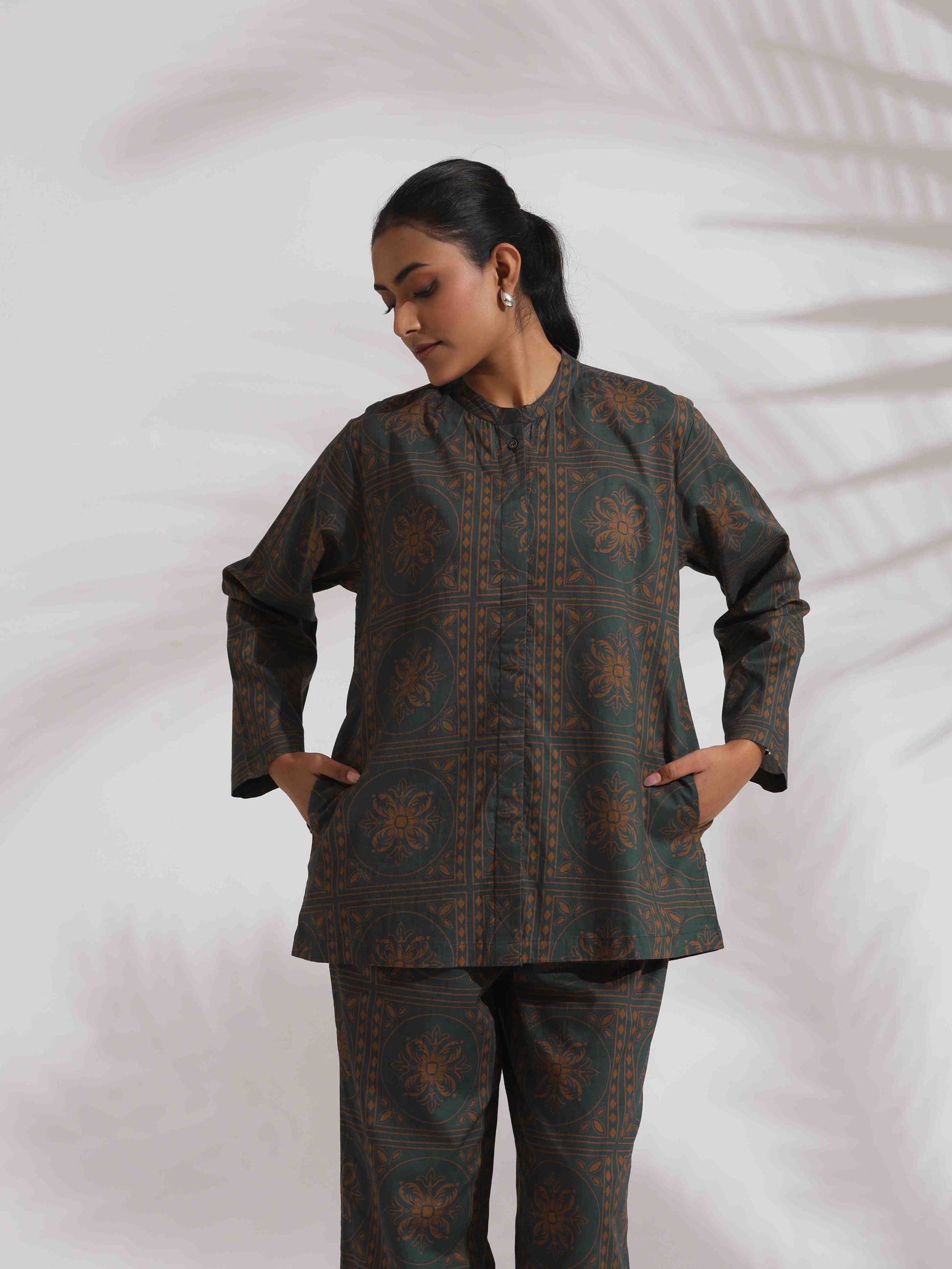 trueBrowns Green Cotton Print Shirt Top & Pants Co-ord Set - Swadesiicart