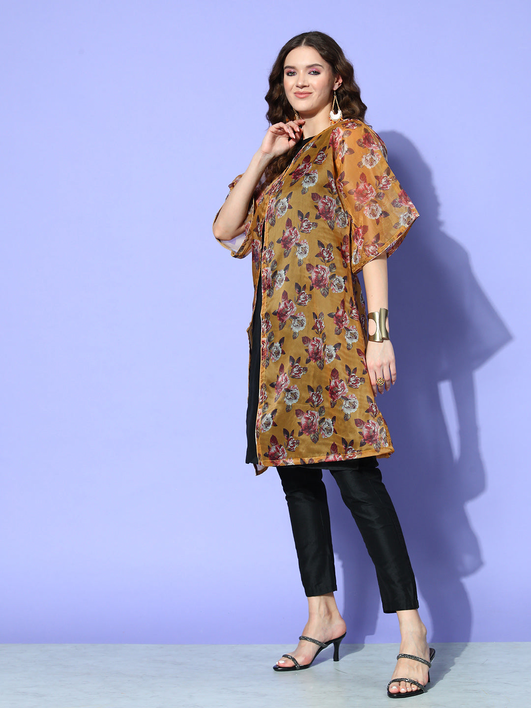 InWeave Women's Camel Brown White Rose Chintz Organza Cape - Swadesiicart