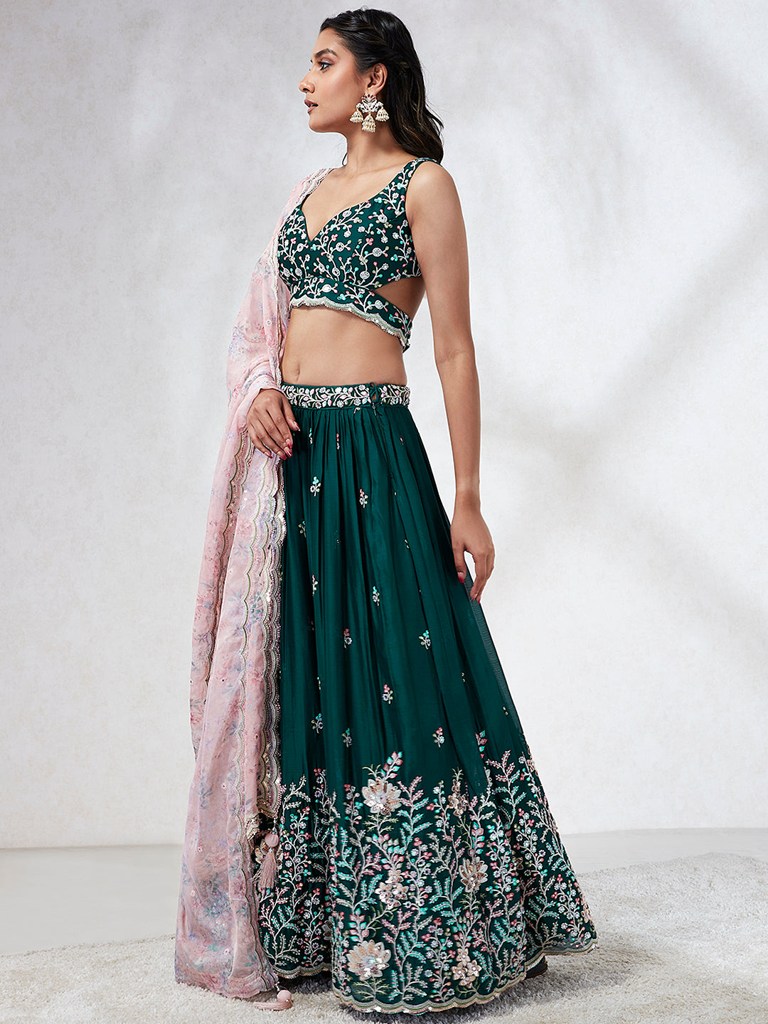 House of Panchhi Teal - Georgette Sequins, Mirror And Thread Embroidery Lehenga Choli | Swadesiicart