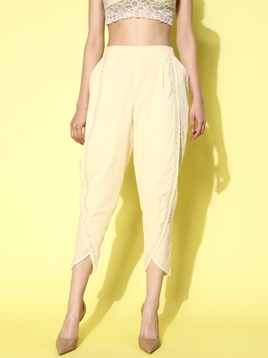 Ahalyaa Beige Floral Lace Insert Dhoti Pants | Swadesiicart