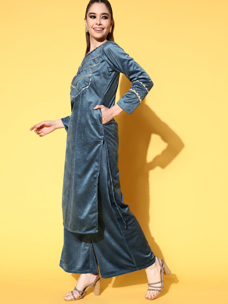 Ahalyaa Women Gotta Patti Velvet Kurta with Palazzos & With Dupatta | Swadesiicart