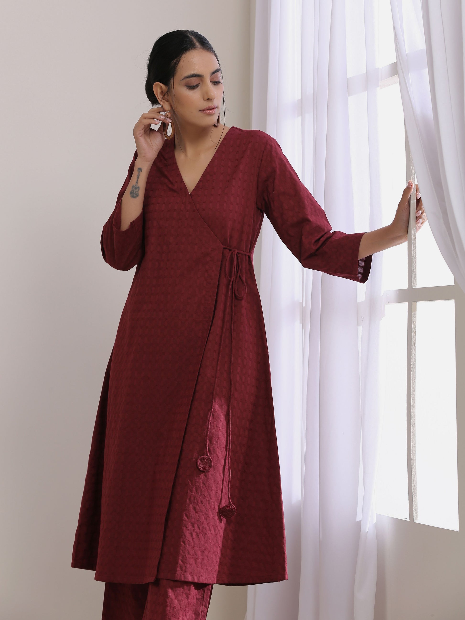 trueBrowns Ruby Wine Dobby Angrakha Pant Set | Swadesiicart