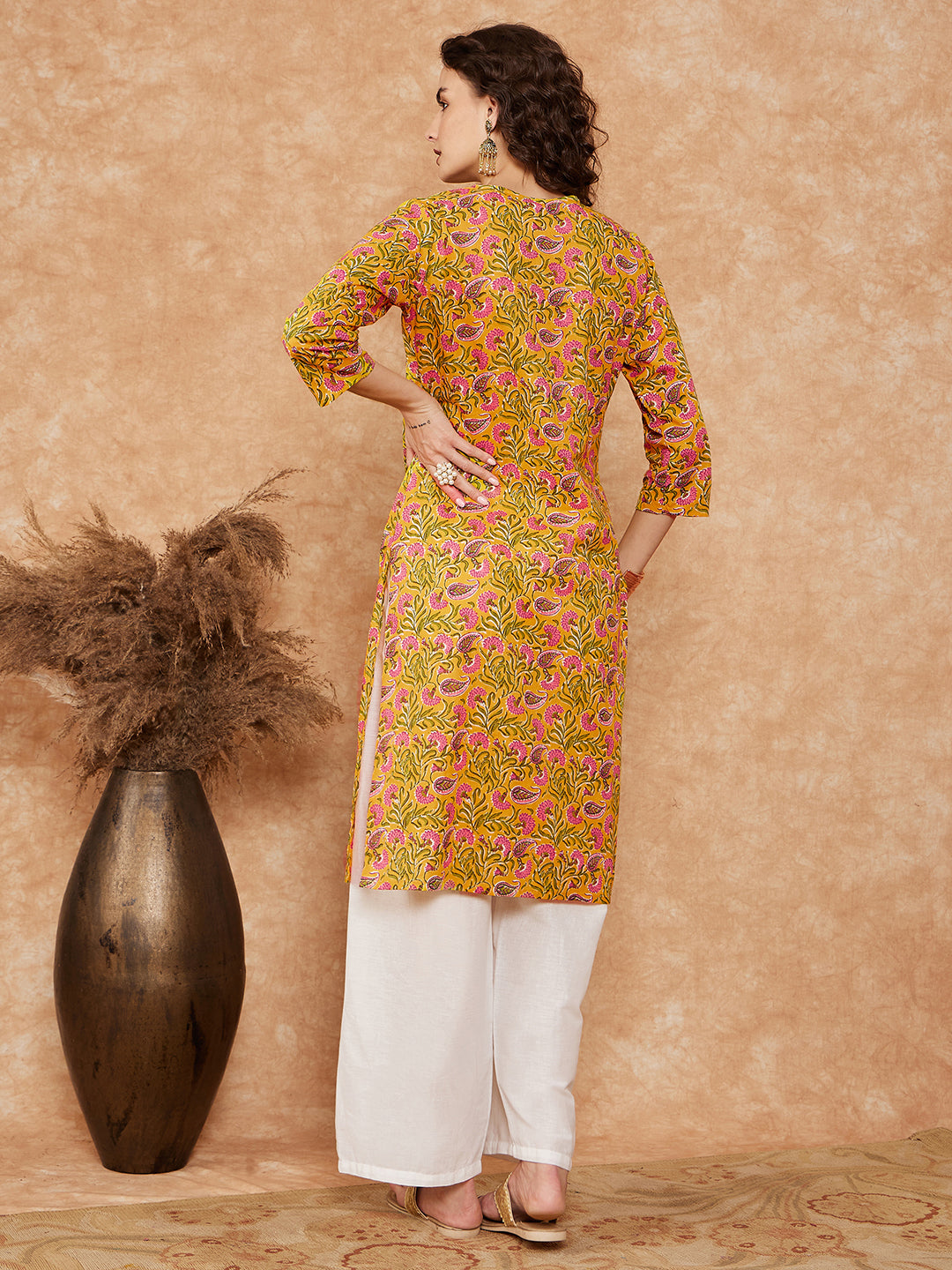 InWeave Women's Mustard Green Lace Gota Work Straight Kurta - Swadesiicart