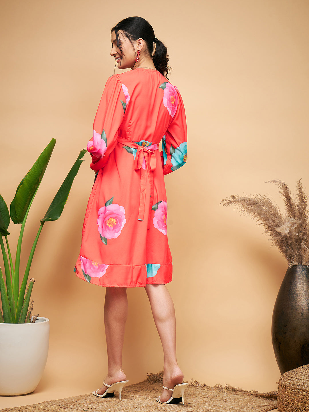 InWeave Women's Dark Orange Pink Blue Flower Belted Dress - Swadesiicart