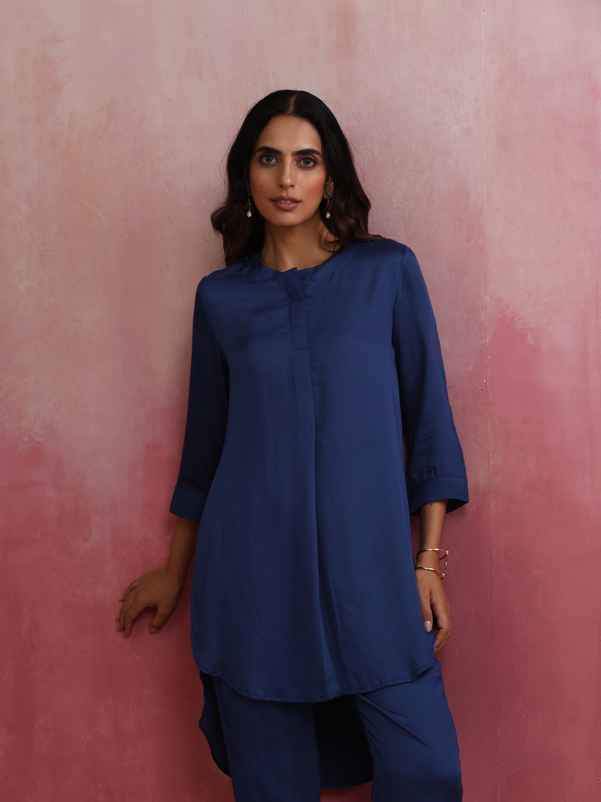 trueBrowns Blue Modal High Low Kurta Co-ord Set - Swadesiicart