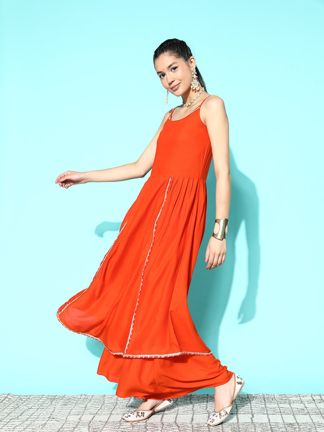 InWeave Women's Orange Red Gota Strappy Set With Orange Leh Dupatta - Swadesiicart