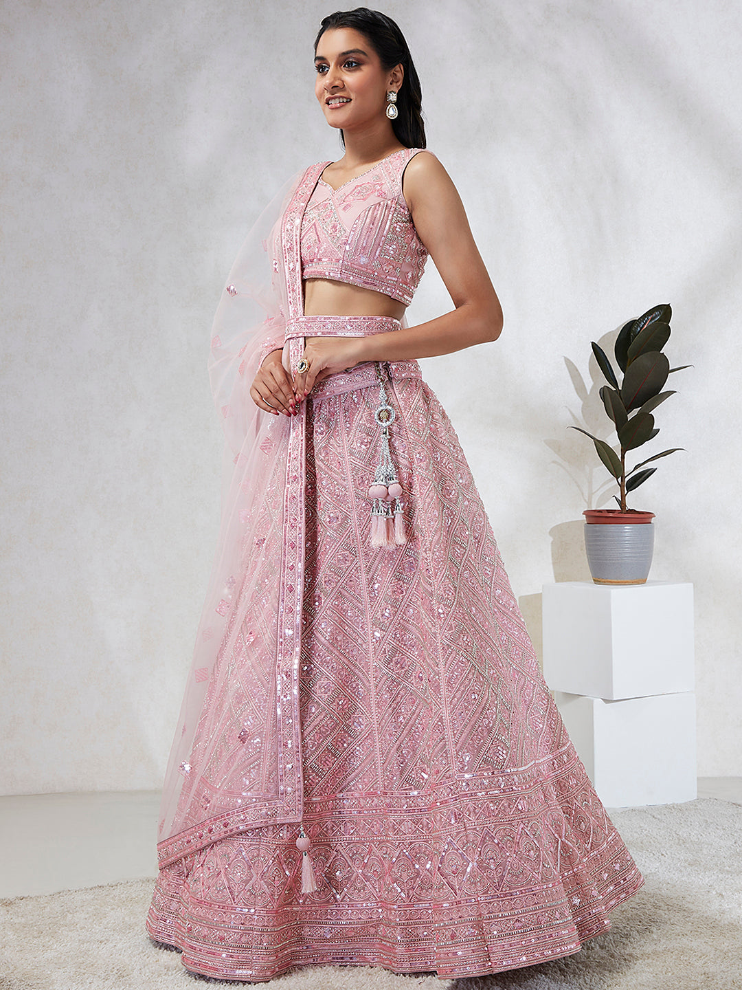 House of Panchhi Pink Net Cutdana, Sequins And Zarkan Embroidery Lehenga Choli & Dupatta | Swadesiicart