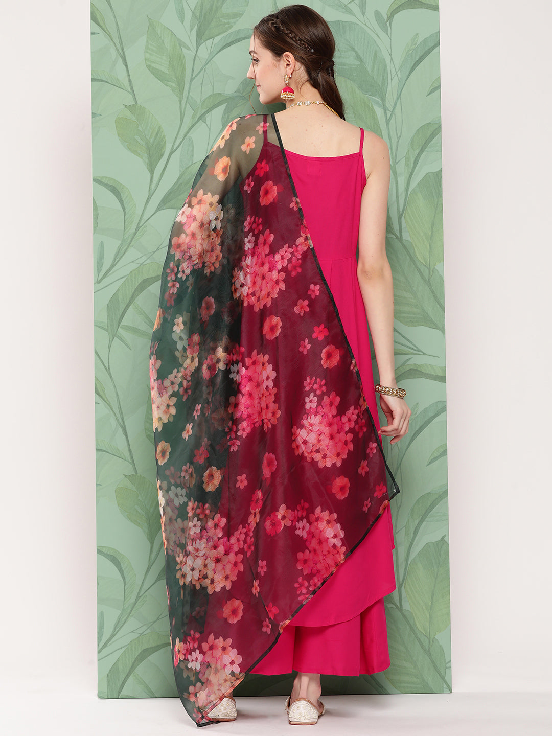 InWeave Women's Fuchsia Strappy Set W Dark Green Camelia Or Dupatta - Swadesiicart