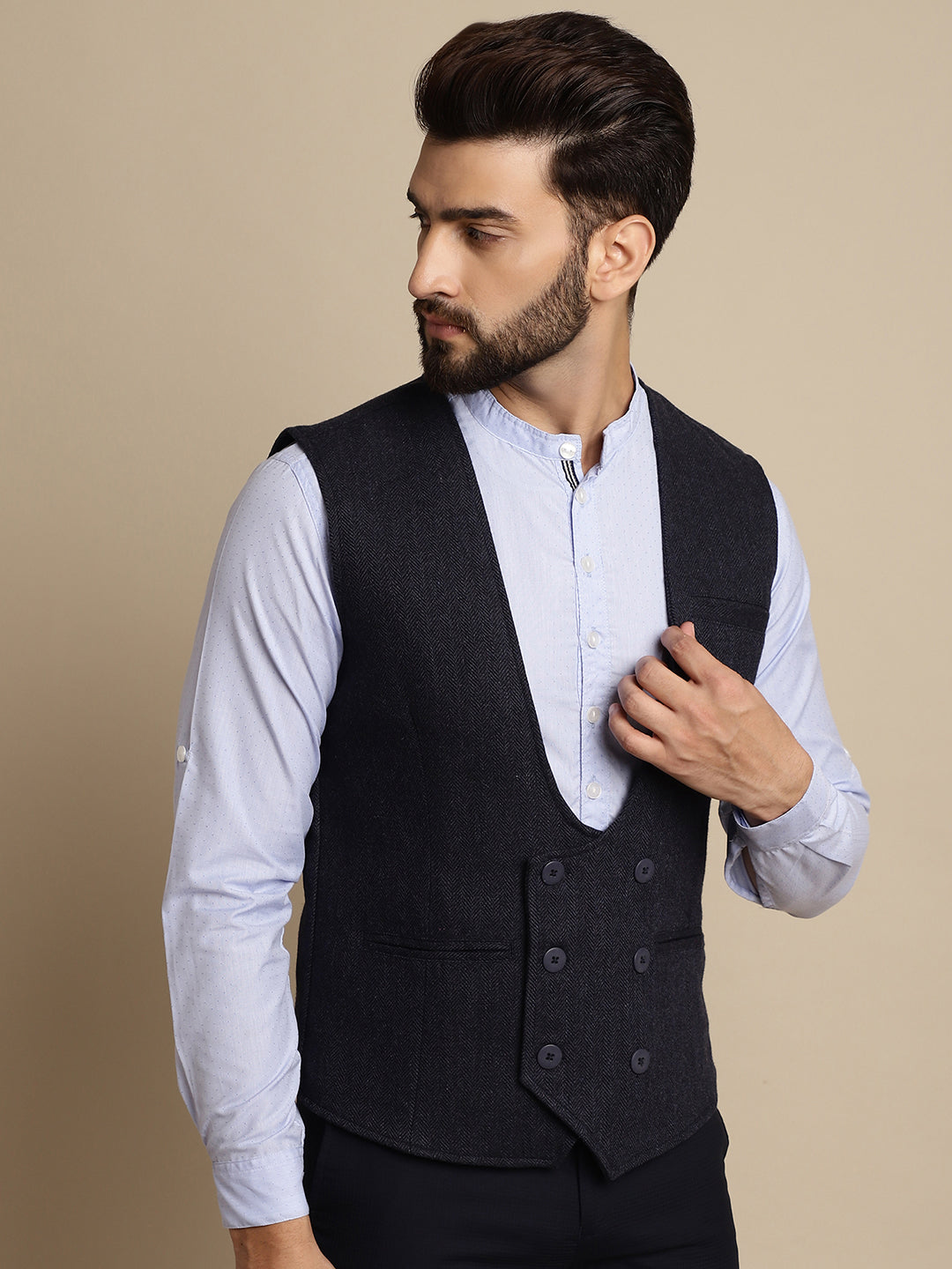 Even Apparels Men's Blue Woolen Double Breast Waistcoat | Swadesiicart