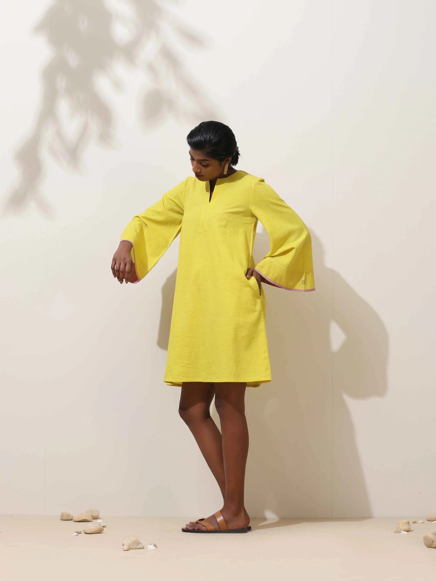 trueBrowns Lime Cotton Linen Dress | Swadesiicart