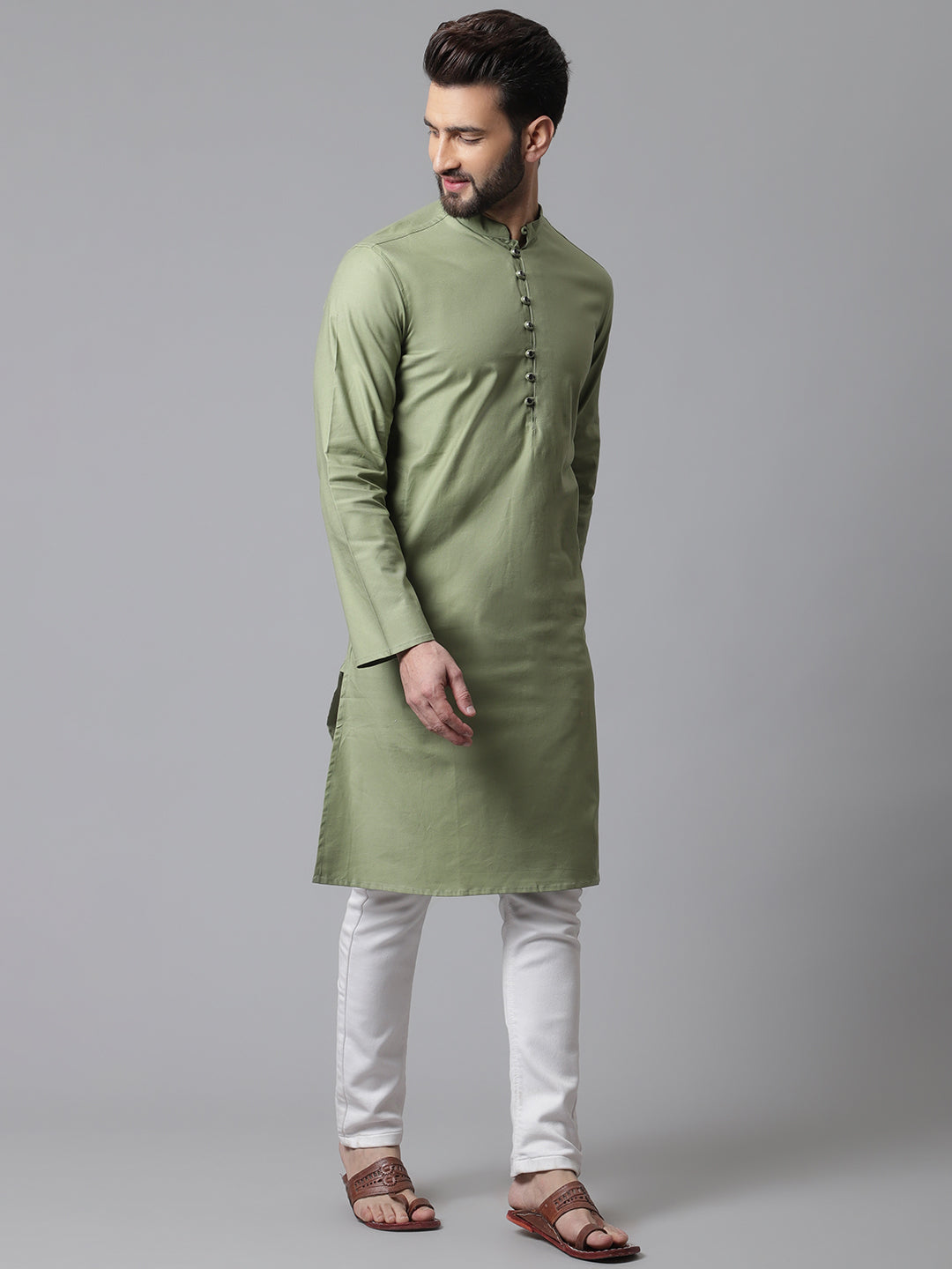 Even Apparels Green Pure Cotton Kurta With Band Collar | Swadesiicart