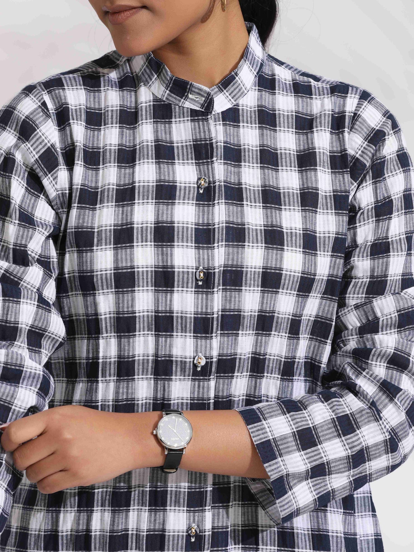 trueBrowns Blue Cotton Check Kurta Co-ord Set - Swadesiicart