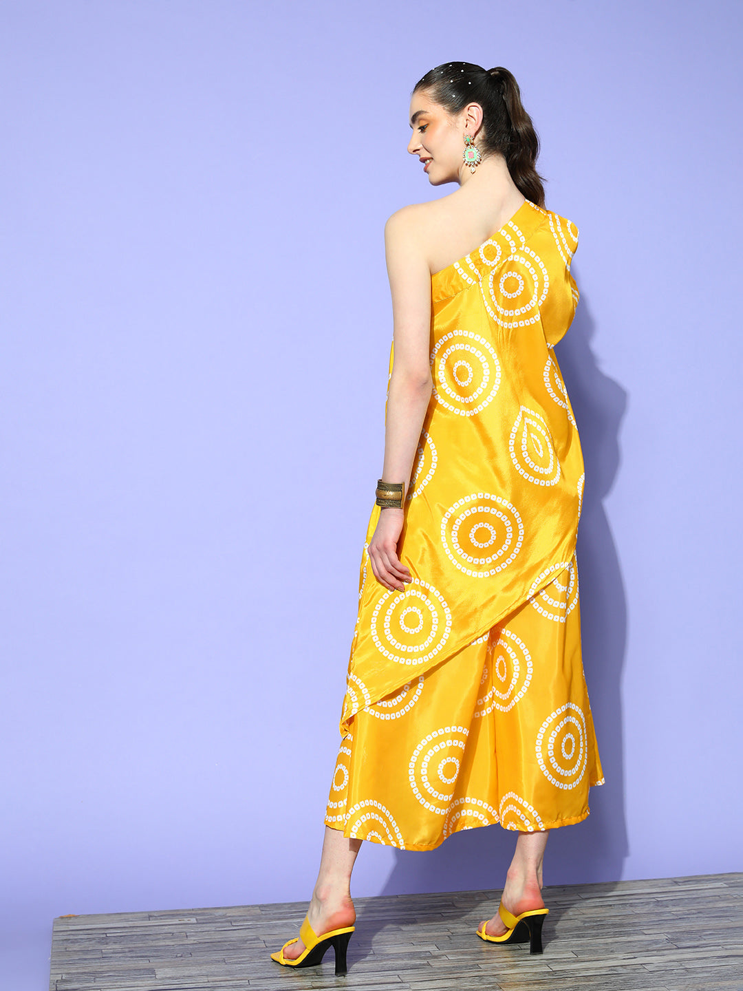 InWeave Women's Yellow Bandhani Motif One Shoulder Palazzo Set - Swadesiicart
