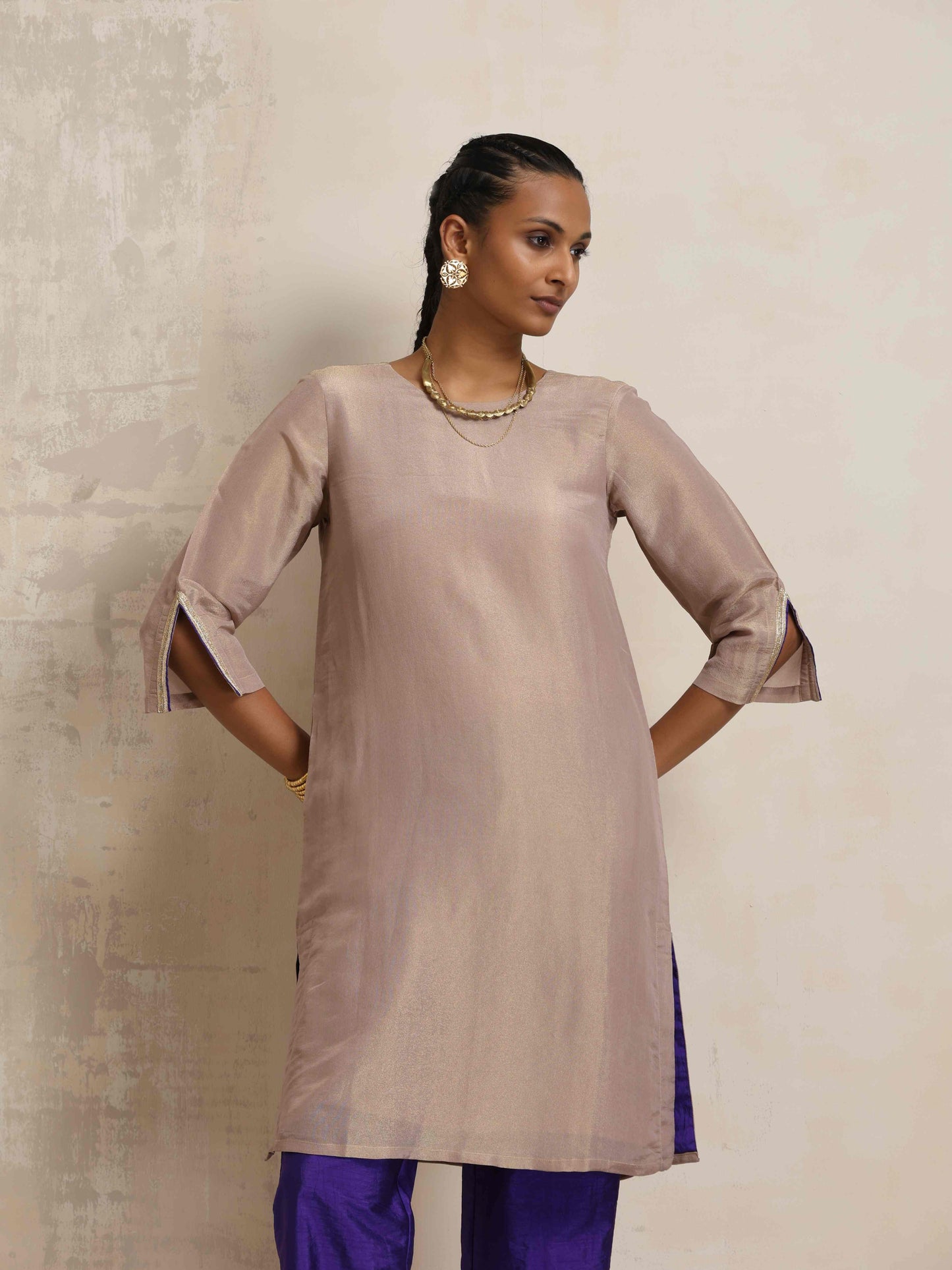 trueBrowns Lilac Tissue Kurta Co-ord Set - Swadesiicart