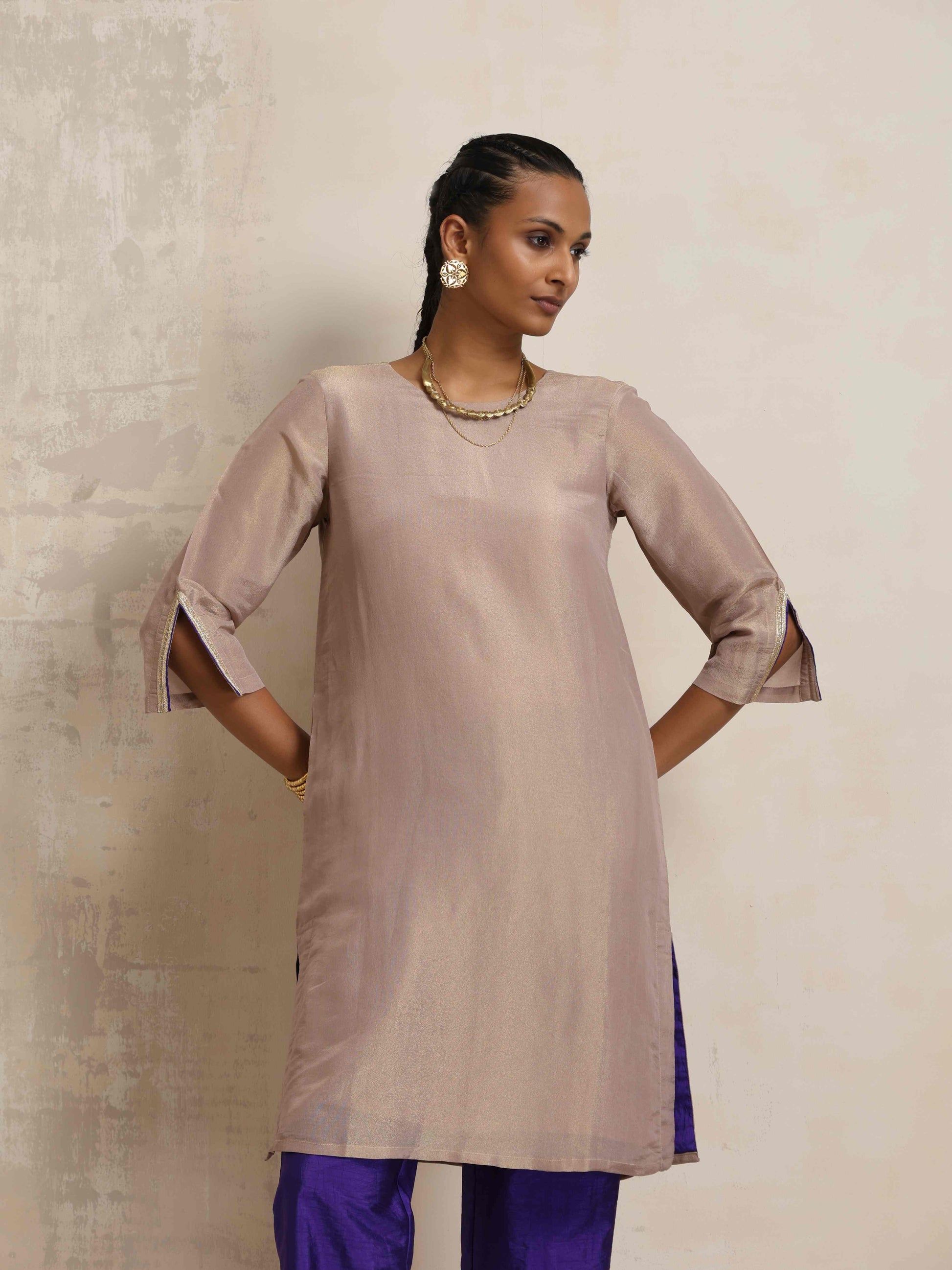 trueBrowns Lilac Tissue Kurta Co-ord Set - Swadesiicart