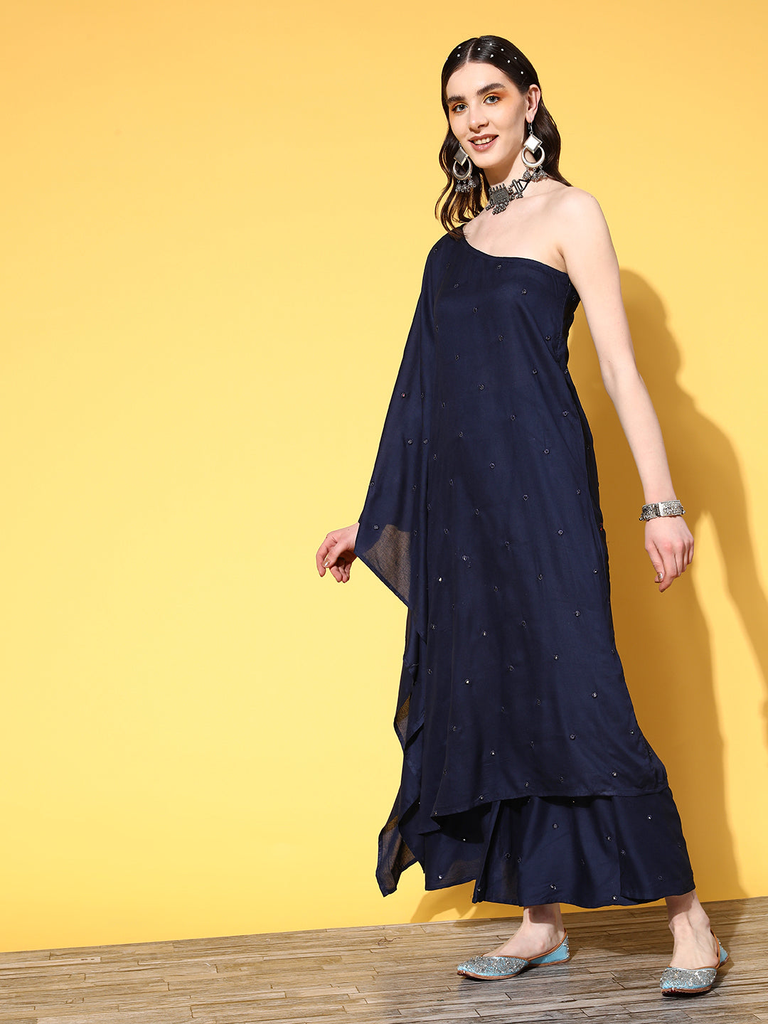 InWeave Women's Navy Mirror Work One Shoulder Kurta Set With Dupatta - Swadesiicart