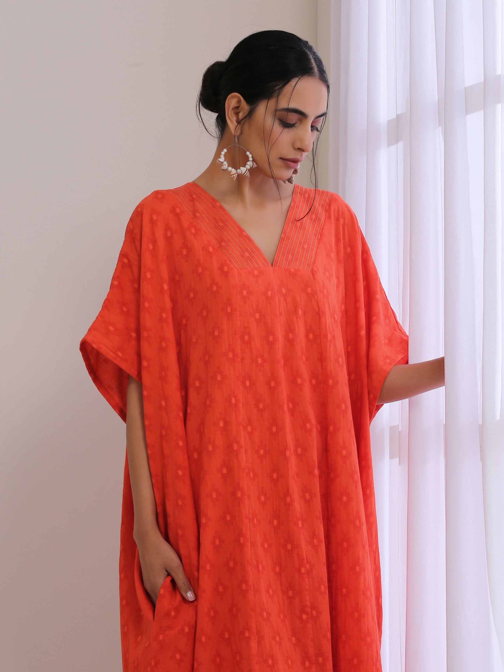 trueBrowns Orange Dobby Panel Kaftan Dress | Swadesiicart