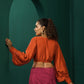 trueBrowns Rust Silk Gathered Sleeve Blouse | Swadesiicart
