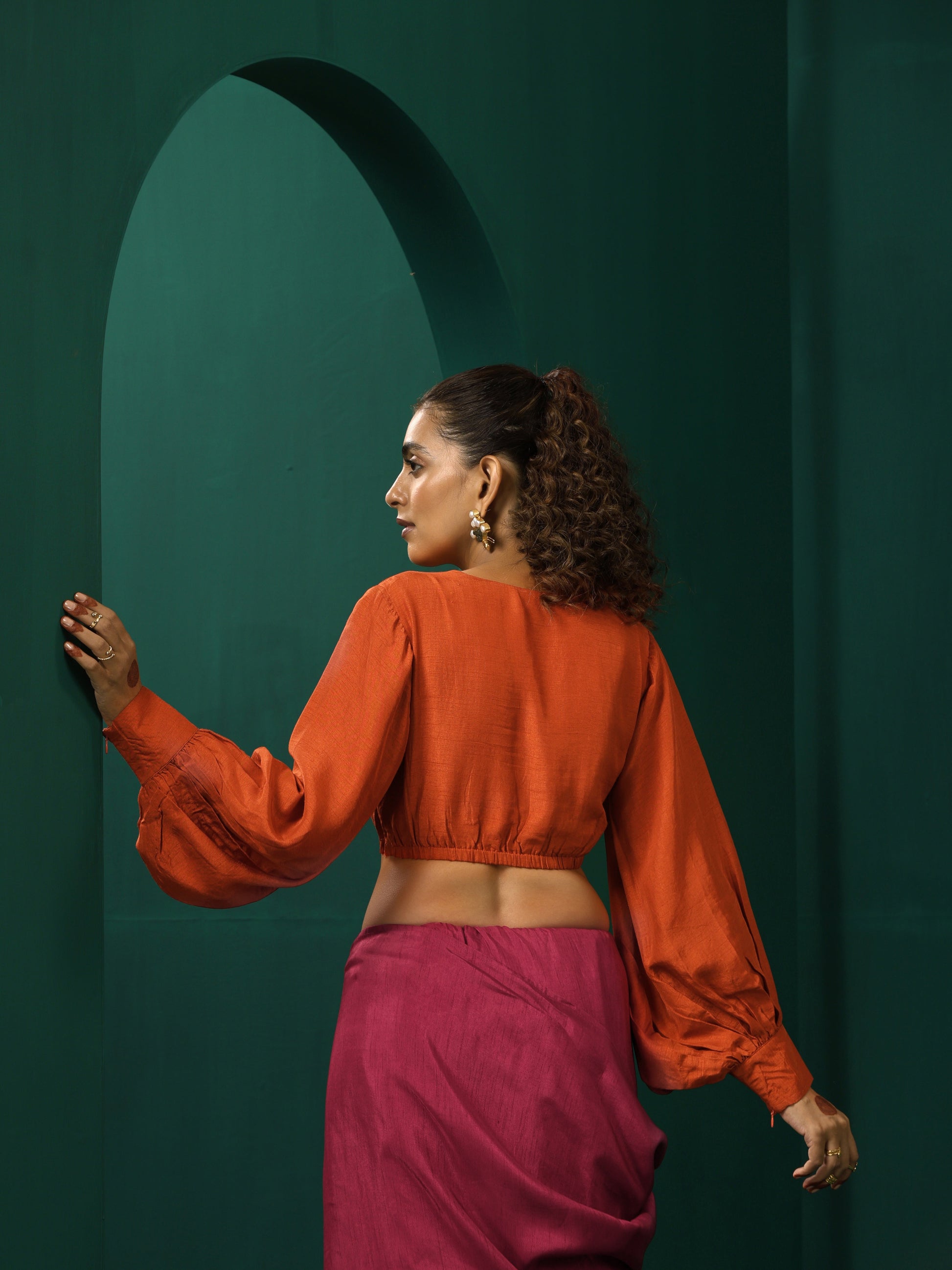 trueBrowns Rust Silk Gathered Sleeve Blouse | Swadesiicart