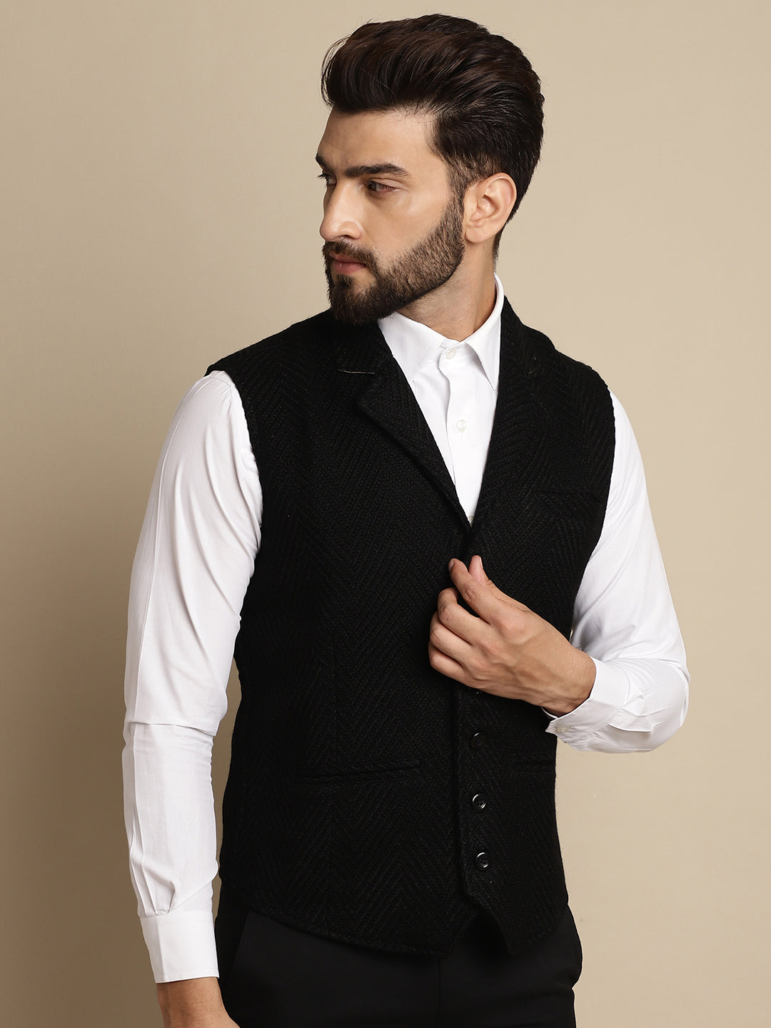 Even Apparels Men's Black Wool Waistcoat with Notched Lapel | Swadesiicart