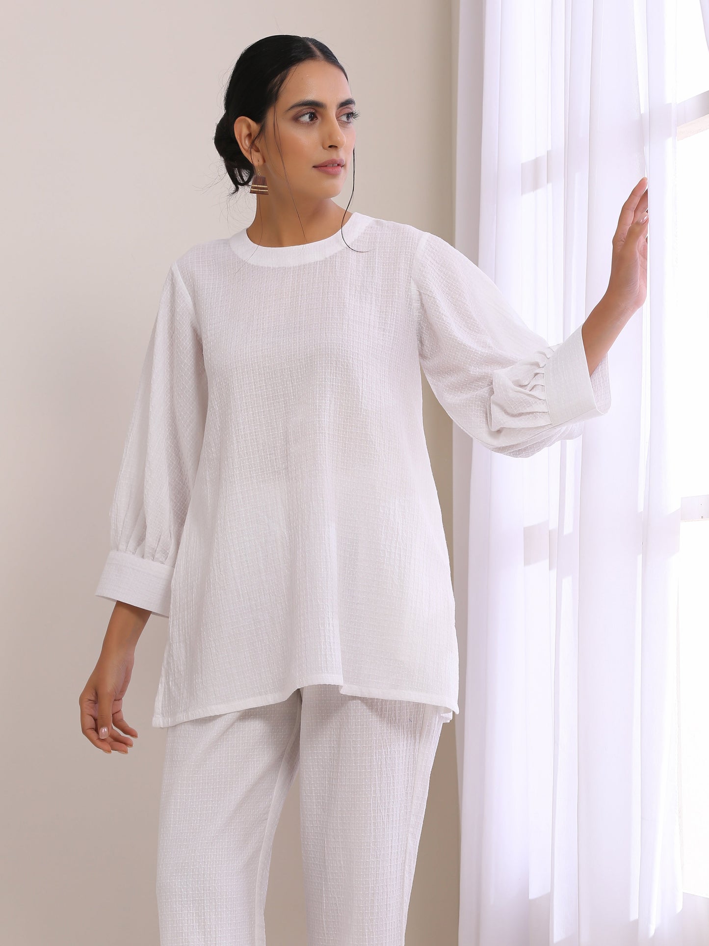 trueBrowns White Dobby Baggy Sleeve Co-Ord Set - Swadesiicart
