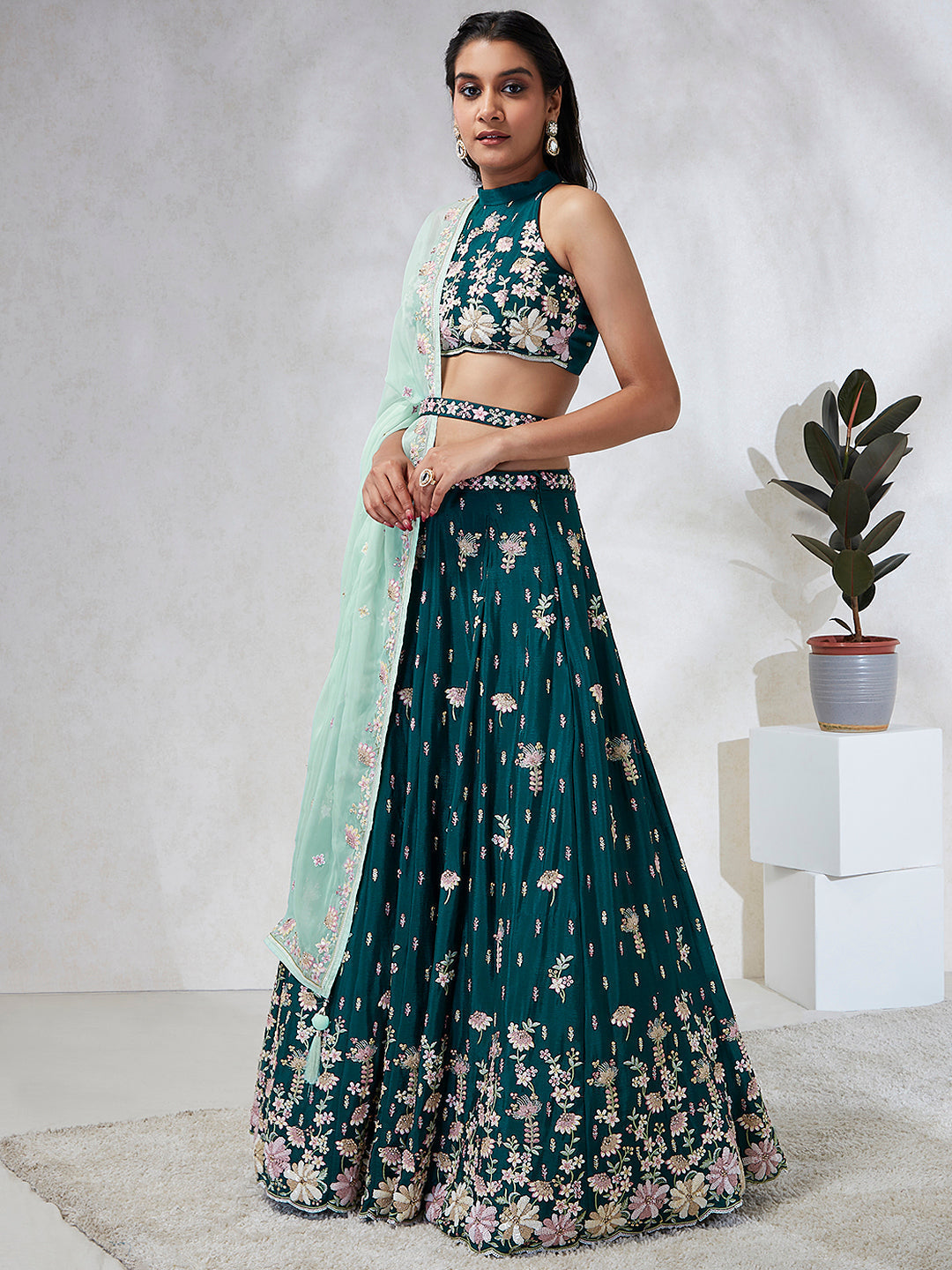 House of Panchhi Green Pure Georgette Sequins And Thread Embroidery Lehenga Choli & Dupatta | Swadesiicart