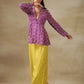 trueBrowns Lime Green Bandhani Printed Silk Top Pant with Purple Printed Jacket Set | Swadesiicart