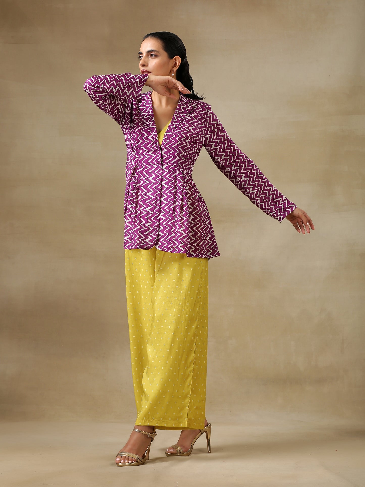 trueBrowns Lime Green Bandhani Printed Silk Top Pant with Purple Printed Jacket Set | Swadesiicart