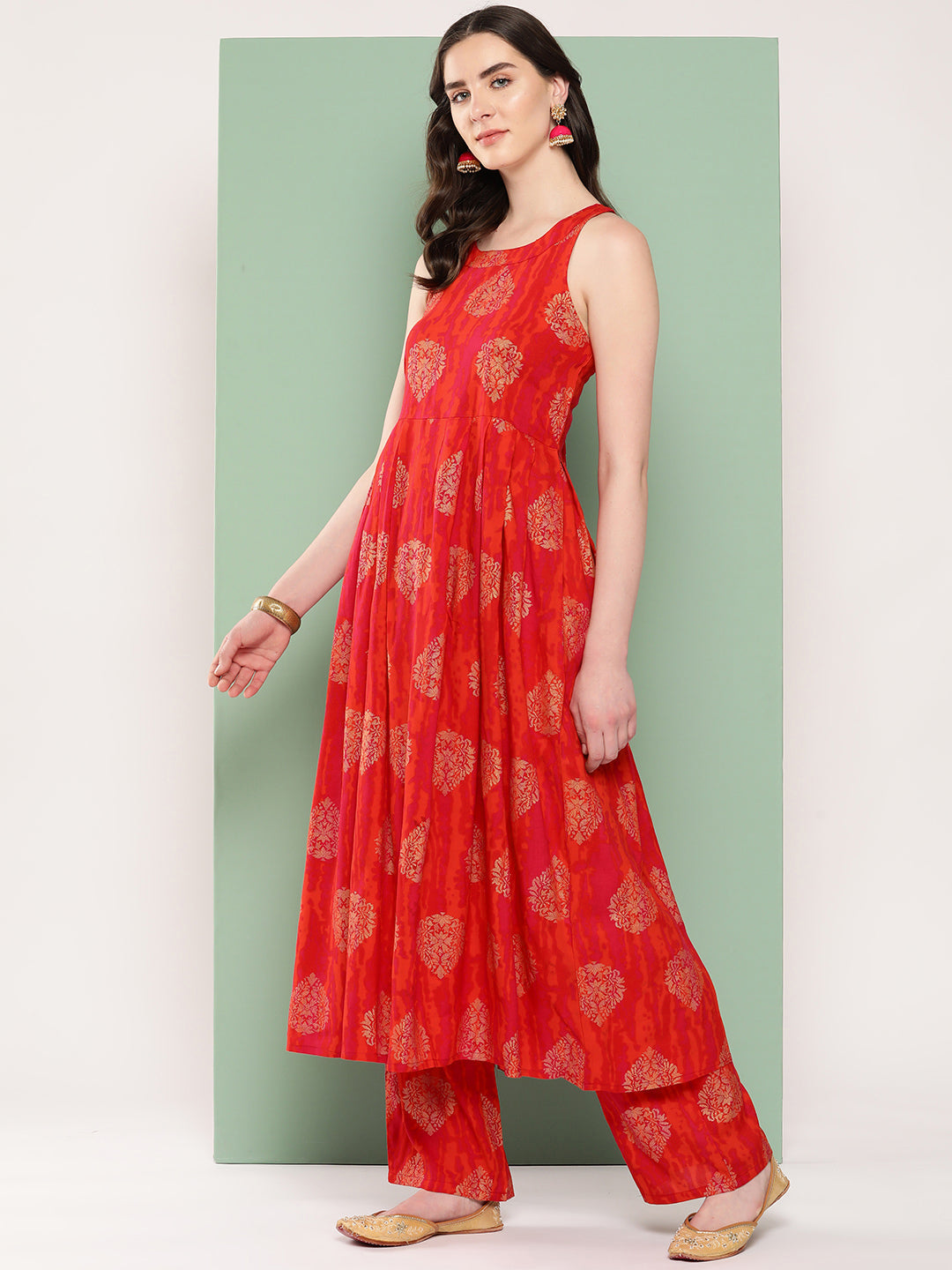 InWeave Women's Rust Mughal Print Raisa Back Detial Long Coords Set - Swadesiicart