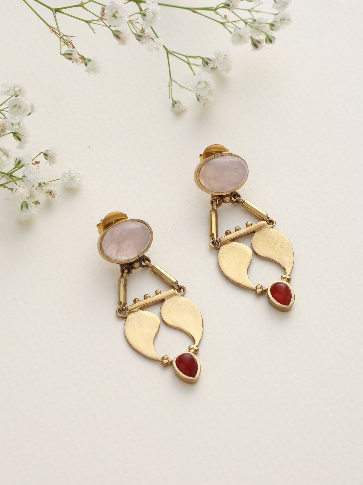 trueBrowns Brass Pink Stone Paisley Earrings - Swadesiicart