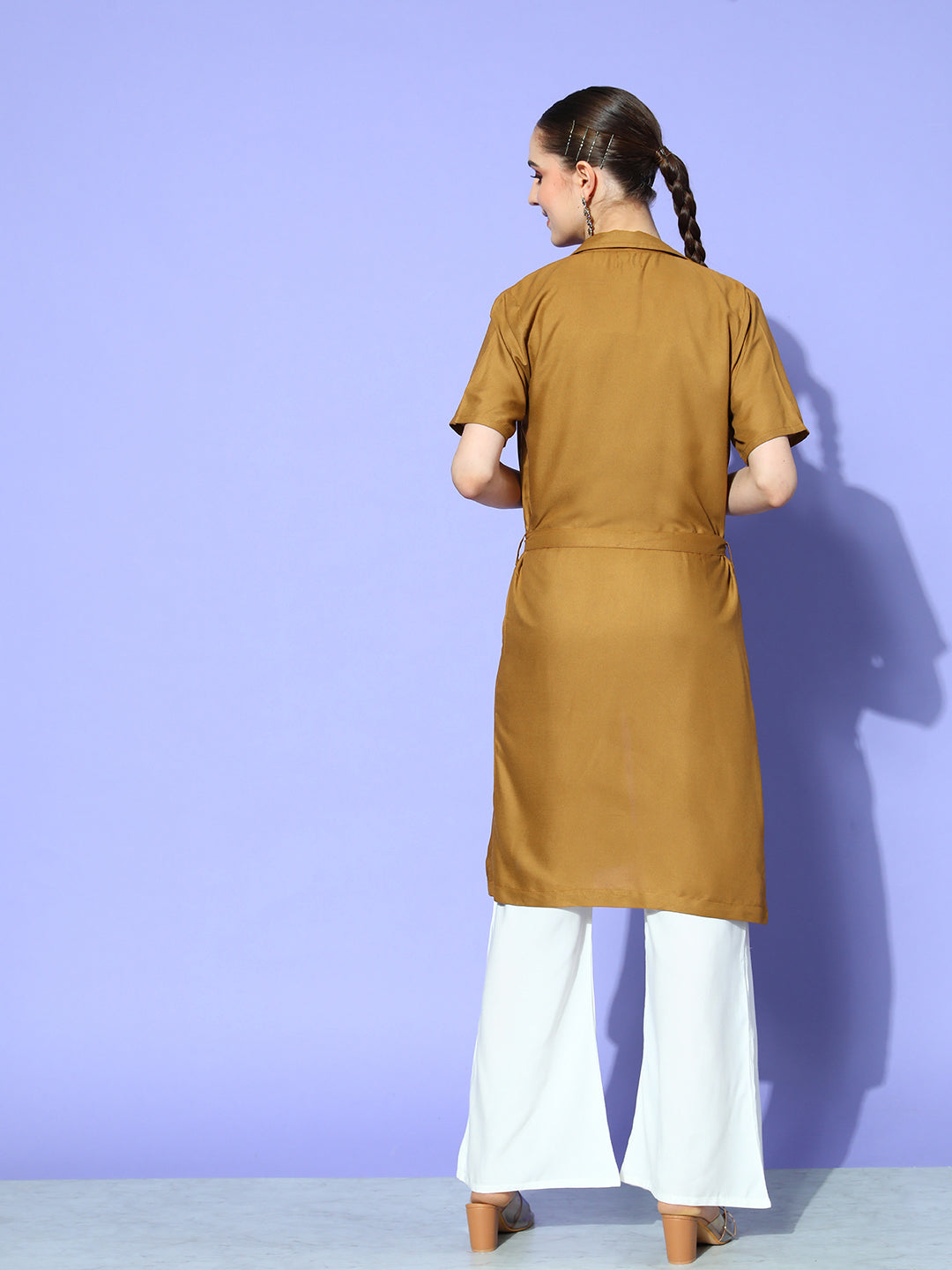 InWeave Women's Camel Brown Cream Pant Coord Set With Lime Green Crop Top - Swadesiicart