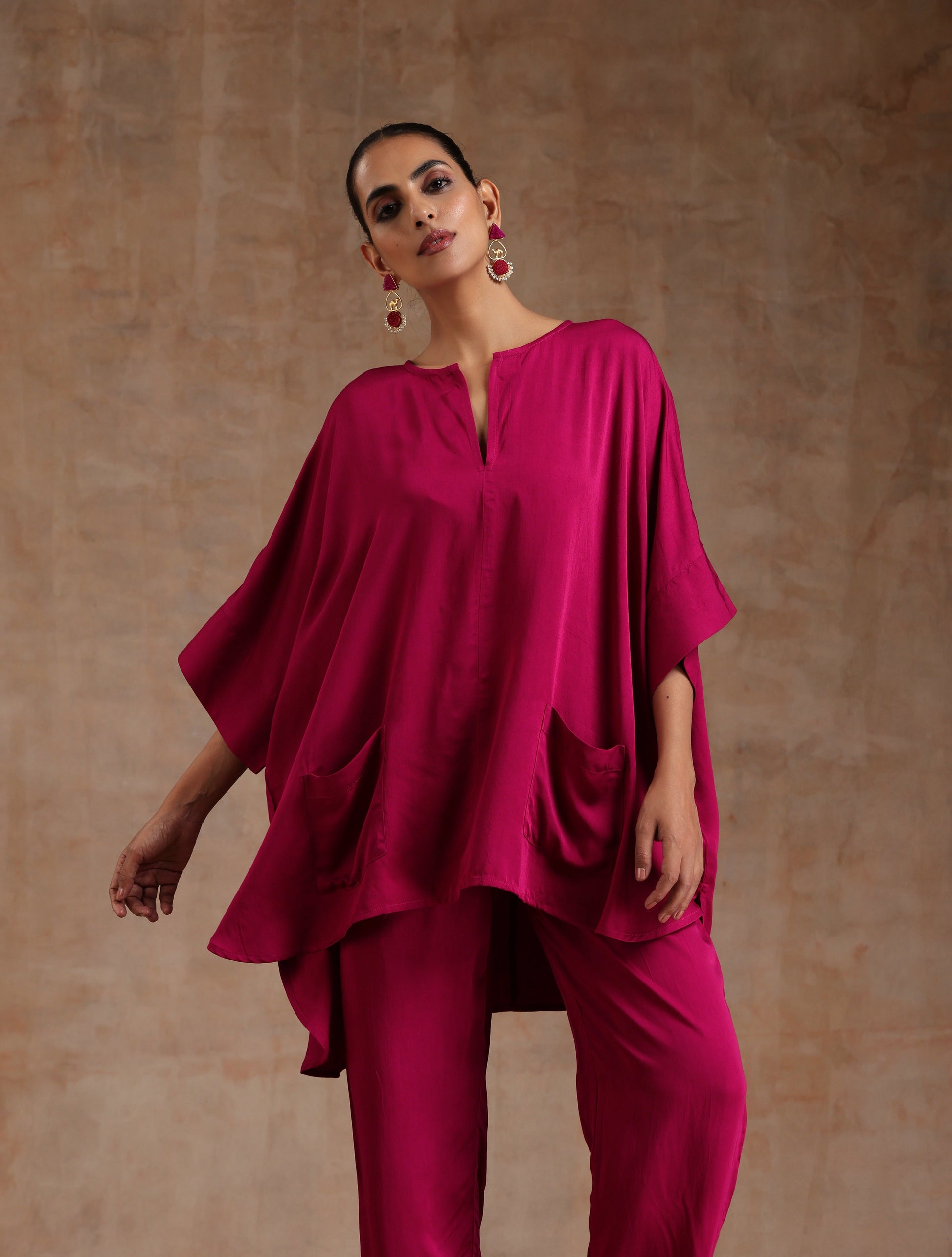trueBrowns Pink Modal Satin Boxy Fit High-Low Co-Ord Set - Swadesiicart