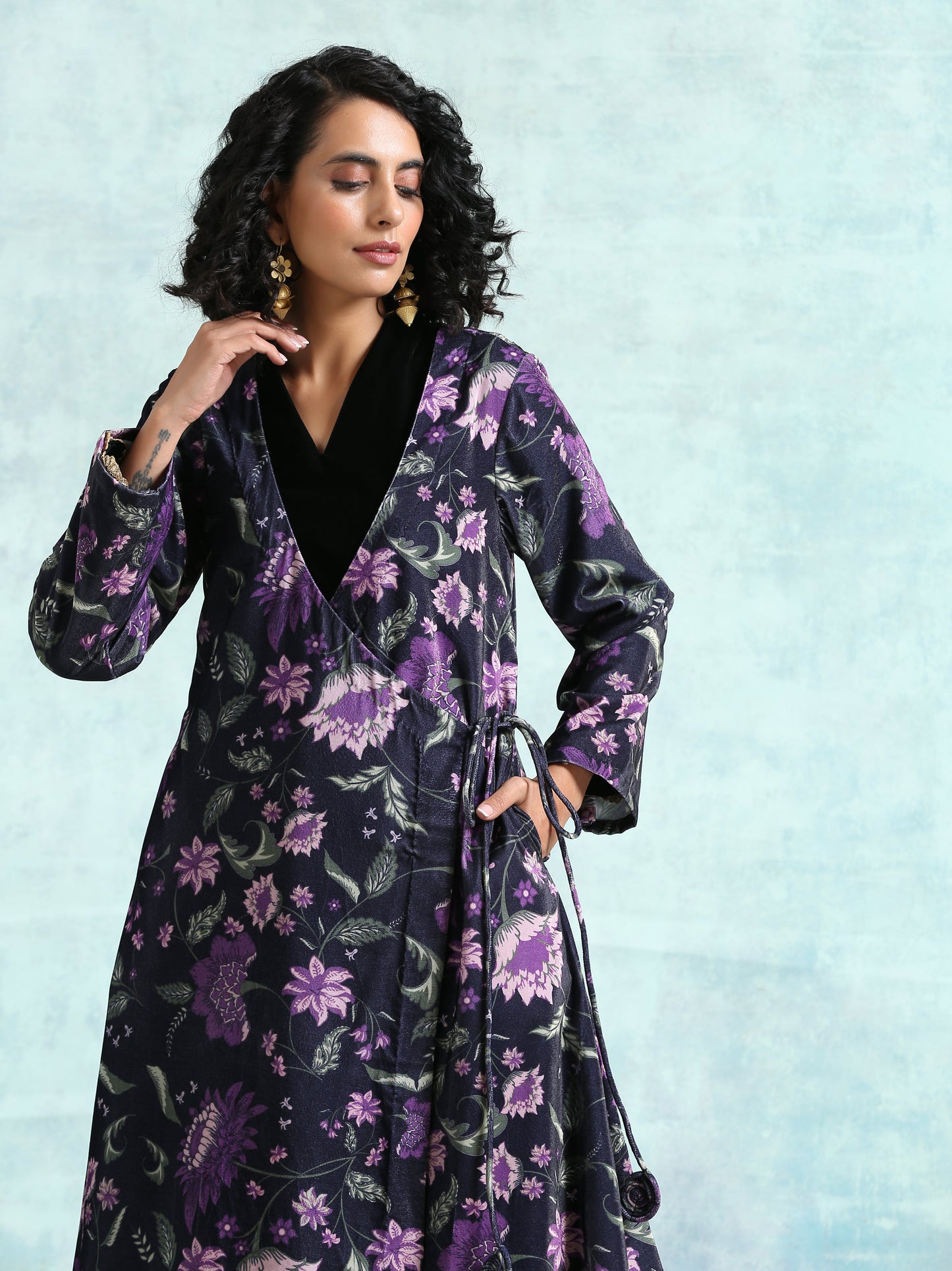 trueBrowns Black Printed Velvet Angrakha Jacket | Swadesiicart