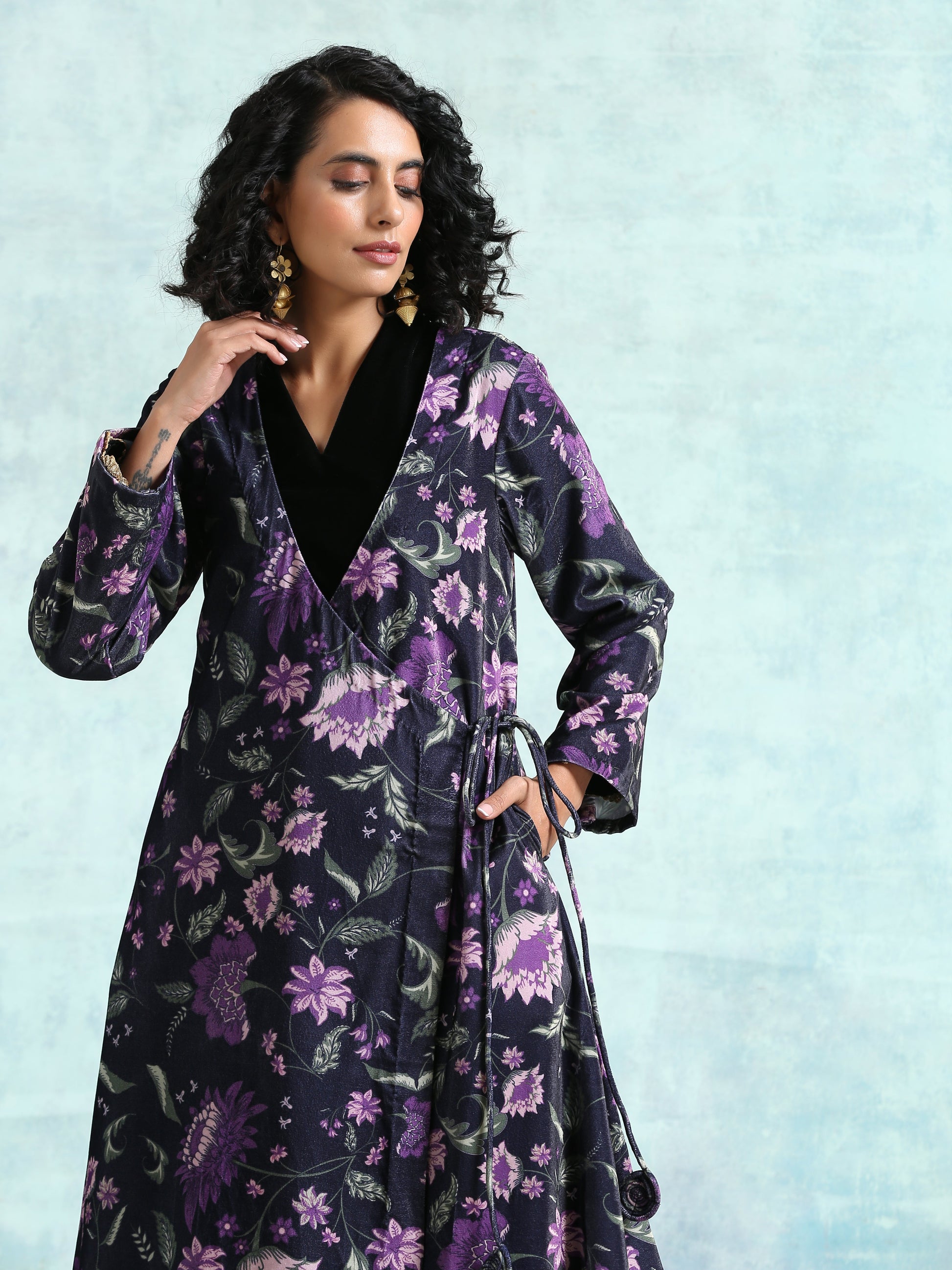 trueBrowns Black Printed Velvet Angrakha Jacket | Swadesiicart