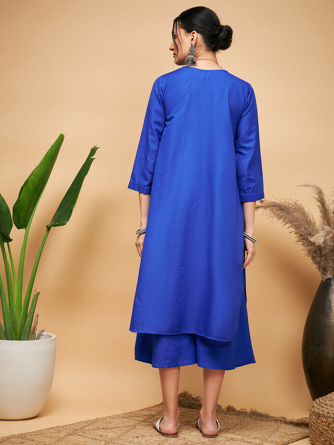 InWeave Women's Ink Blue Flared Kurta Palazzo Set - Swadesiicart