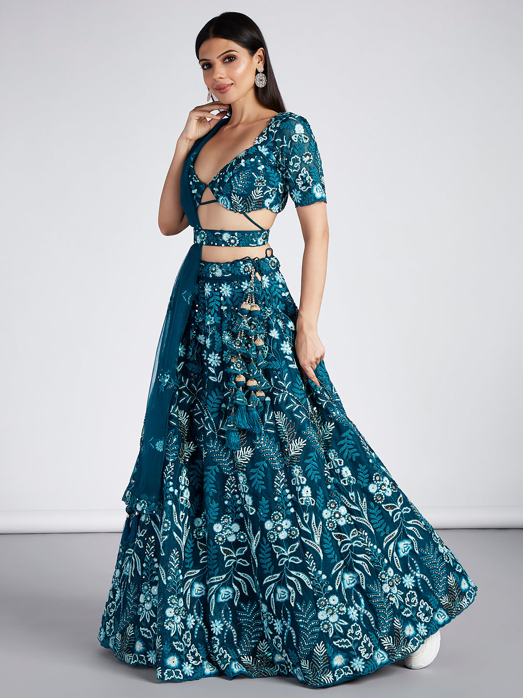 House of Panchhi Teal Net Sequins, Mirror And Thread Embroidery Lehenga Choli & Dupatta | Swadesiicart