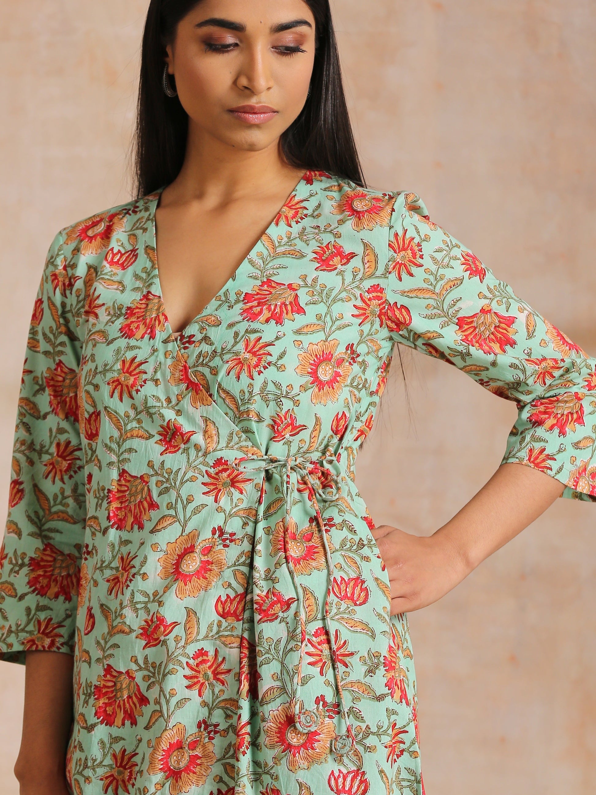 trueBrowns Seafoam Green Overall Floral Block Print Cotton Angrakha Pant Set | Swadesiicart