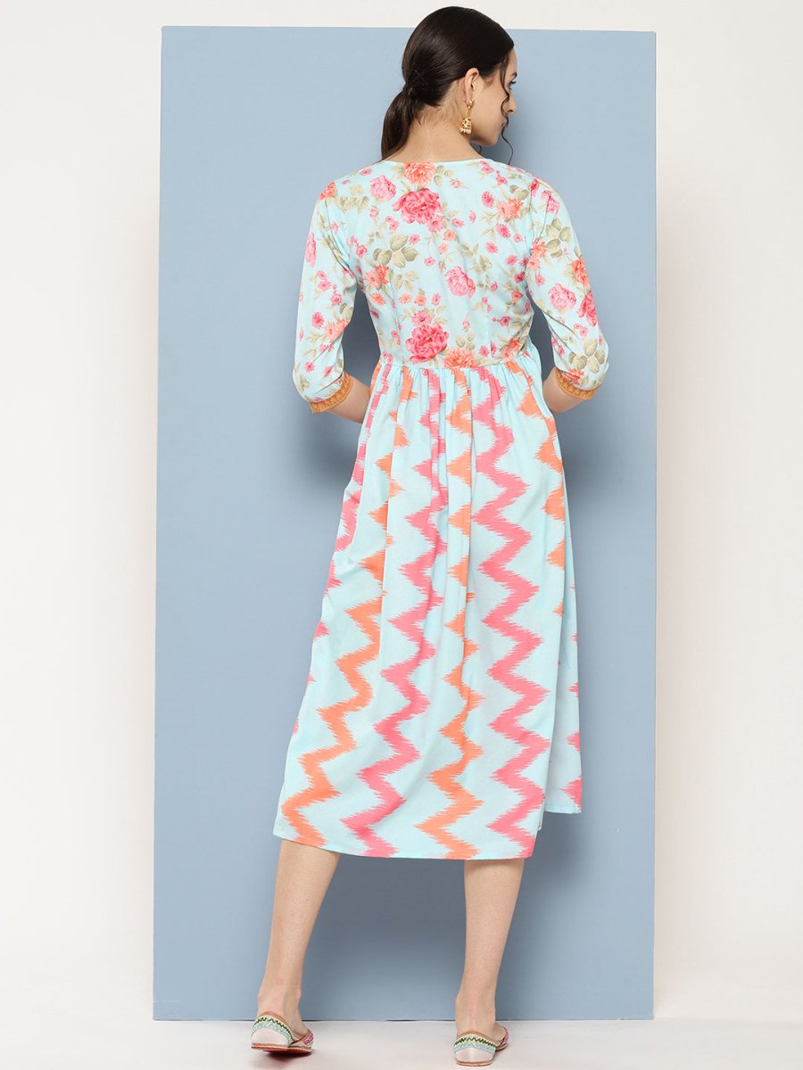 Ahalyaa Floral Printed Midi Empire Ethnic Dress | Swadesiicart