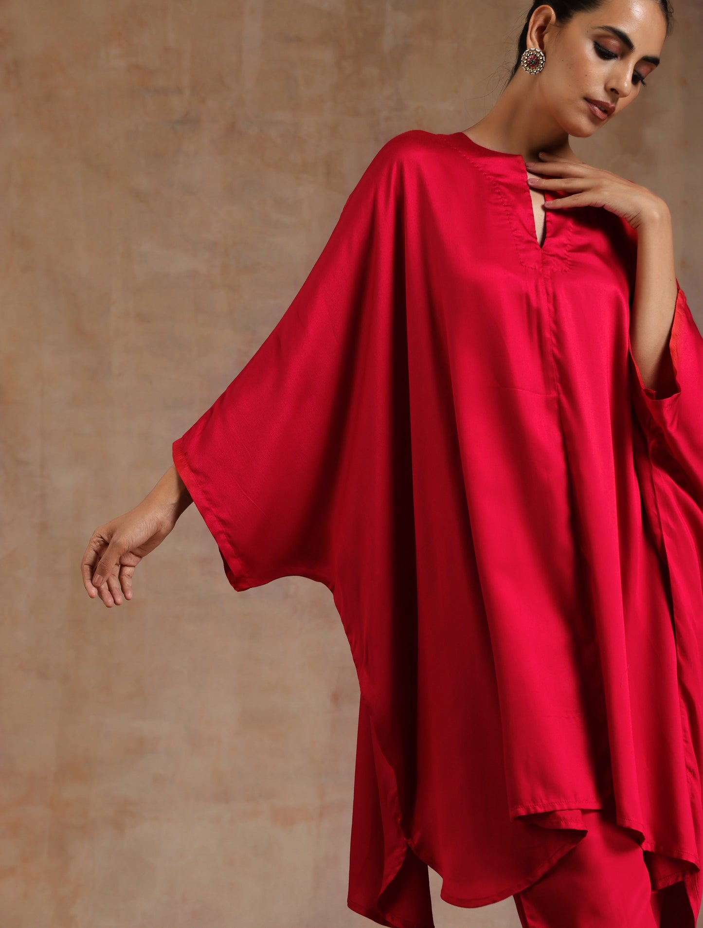 trueBrowns Red Modal Satin Oversized Round Co-Ord Set - Swadesiicart