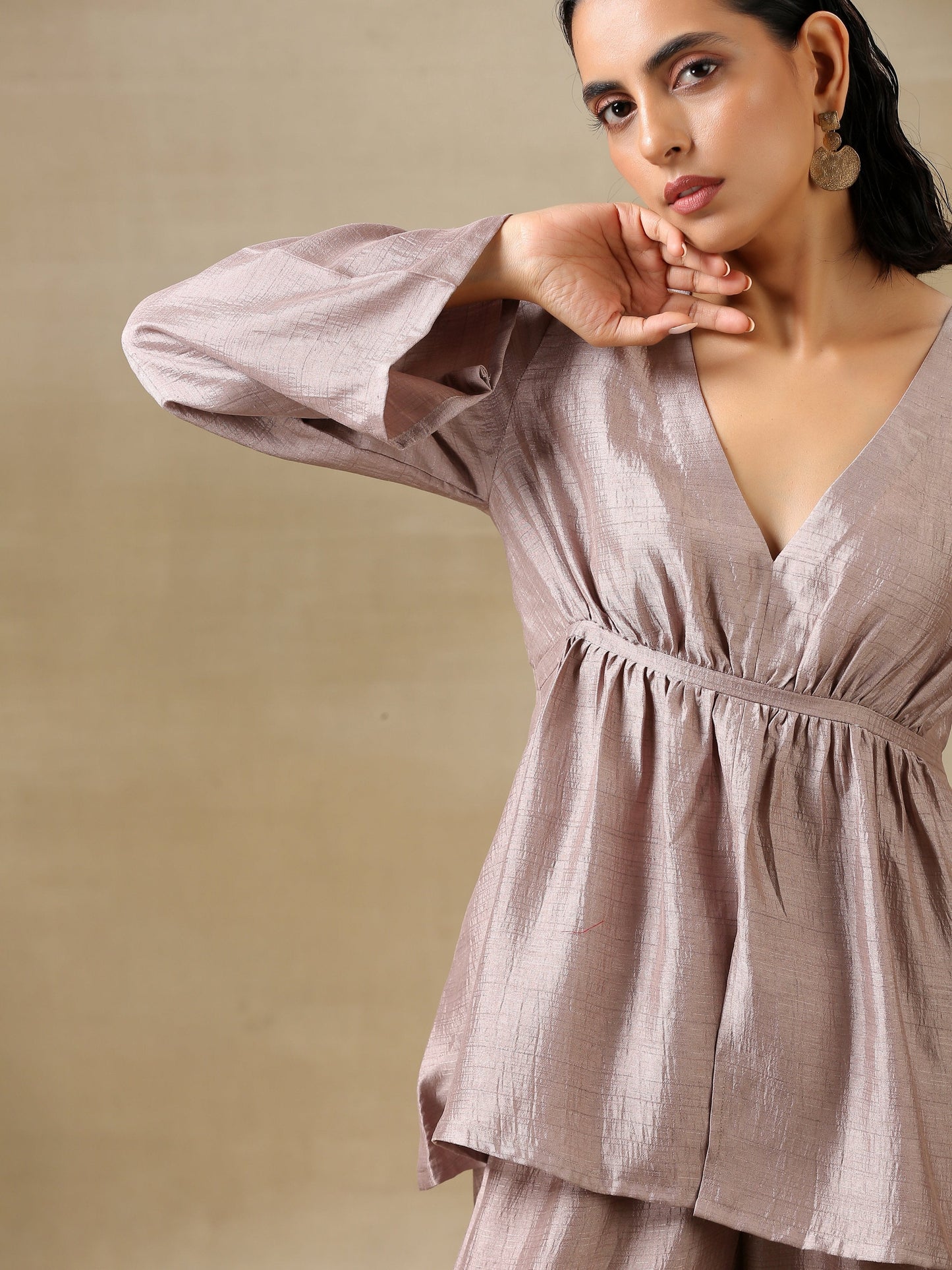 trueBrowns Grey Textured Silk Deep V-Neck Co-Ord Set - Swadesiicart