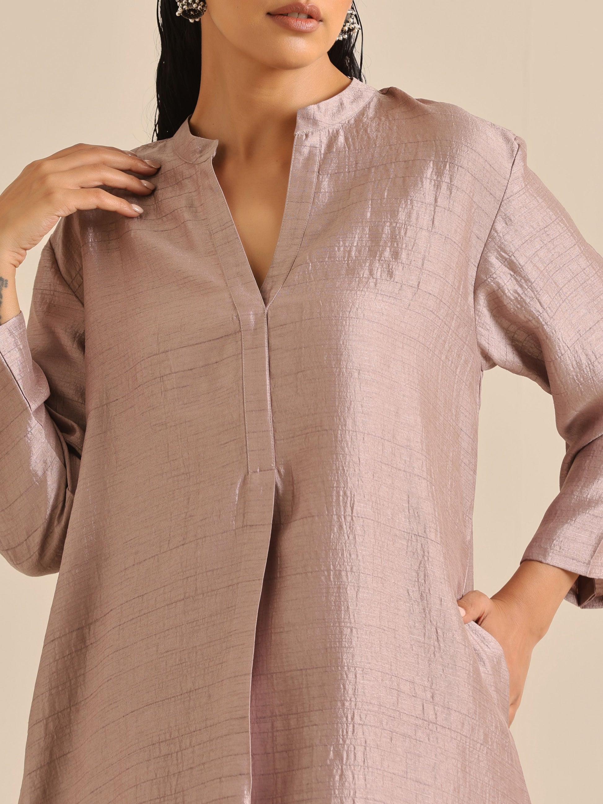 trueBrowns Grey Silk Texture Relaxed Co-Ord Set - Swadesiicart