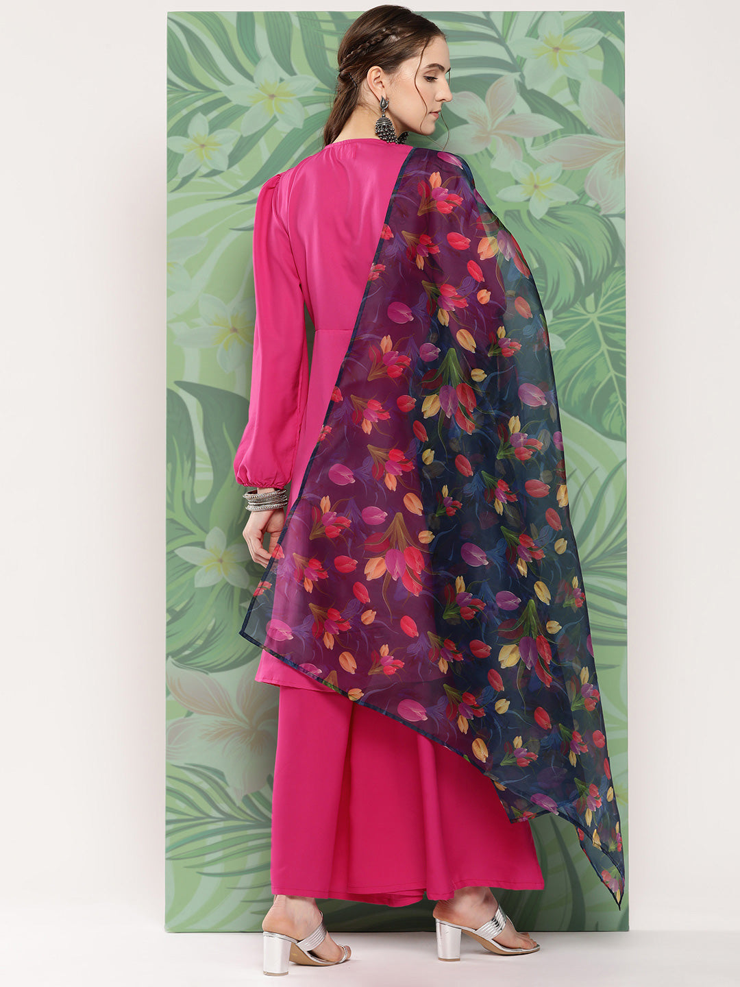InWeave Women's Magenta Tie Up Kurta Set W Navy Pink Or Dupatta - Swadesiicart