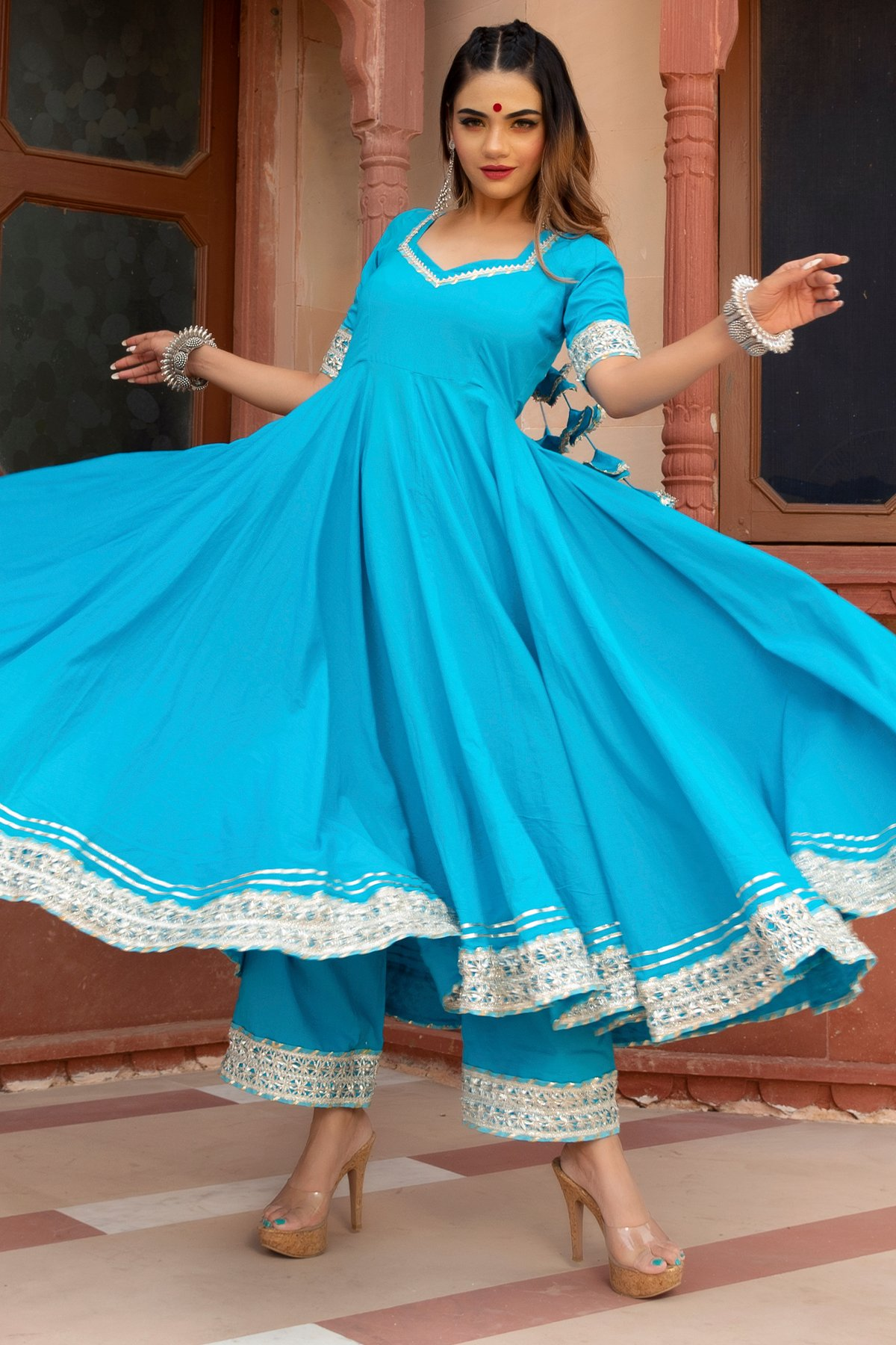 Pomcha Jaipur Kalamkari Blue Pure Cotton Anarkali Set | Swadesiicart