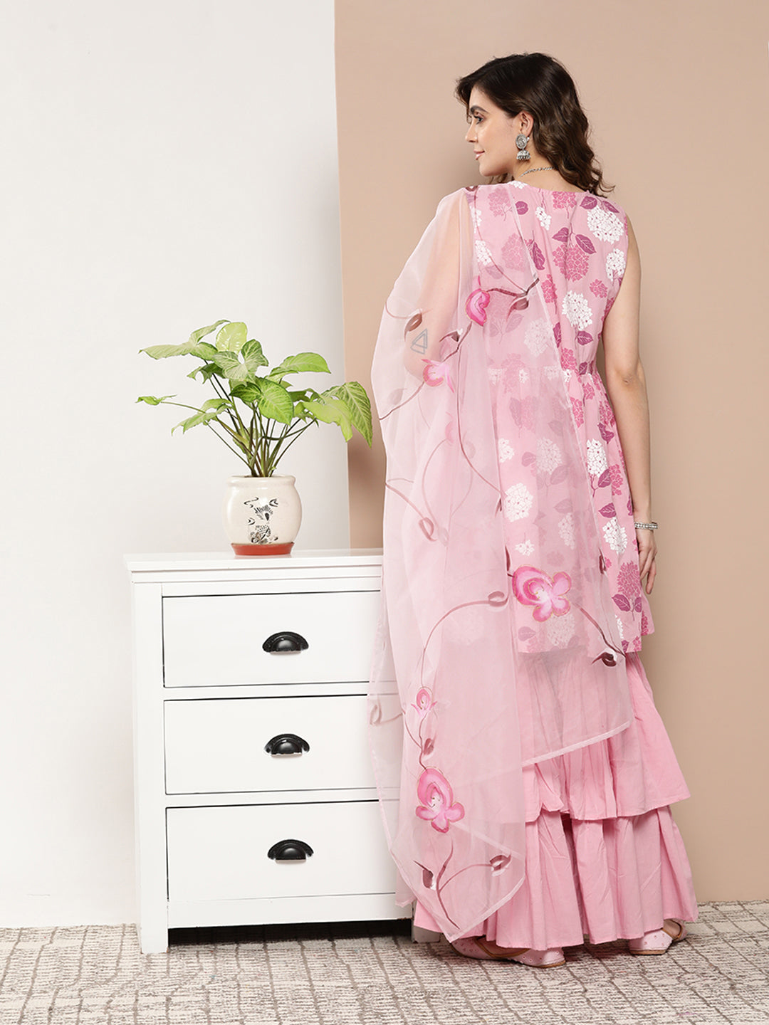 InWeave Women's Pink Printed Chintz Tiered Sharara Set With Dupatta - Swadesiicart